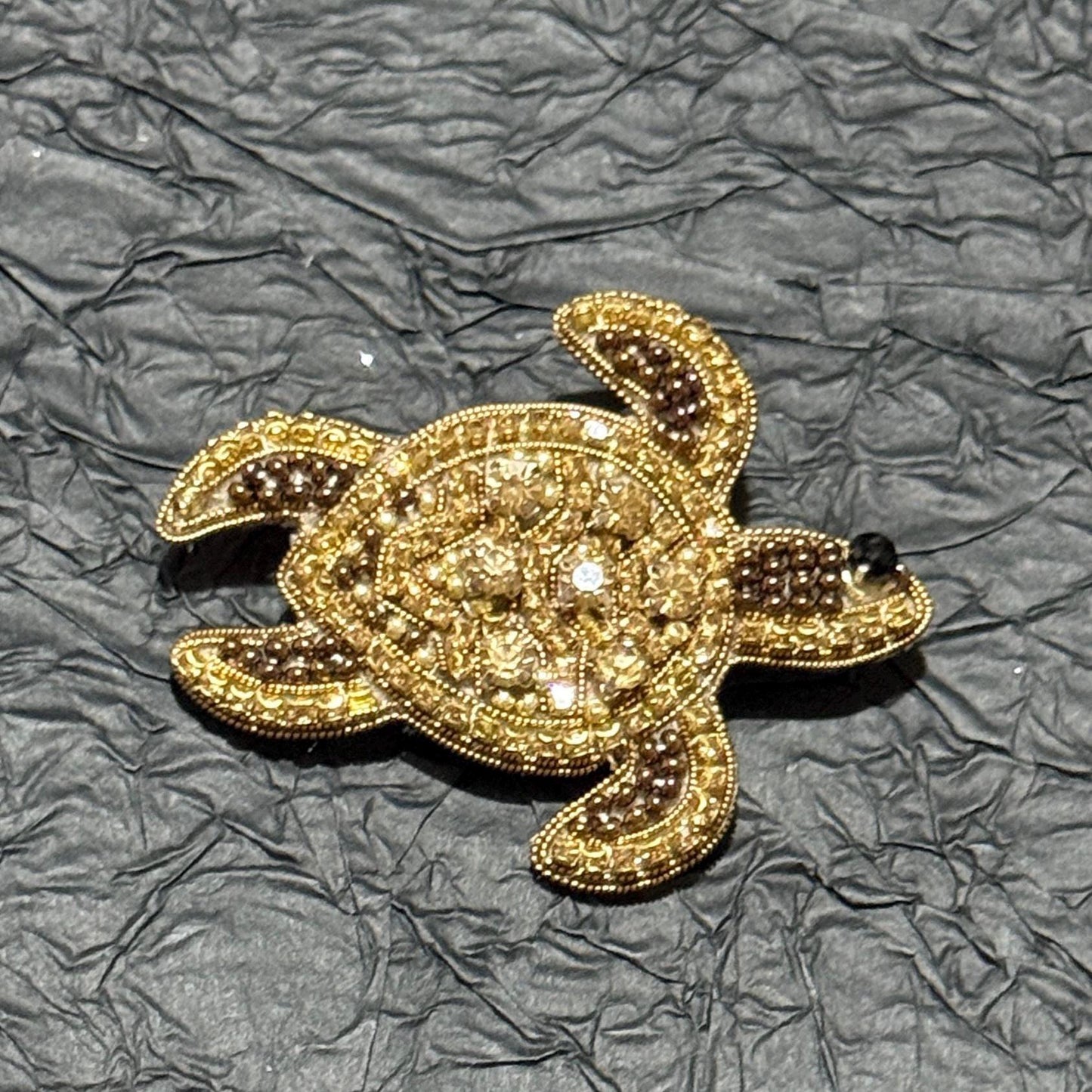 Handmade Beaded Turtle Brooch: Gold Sequins & Crystals