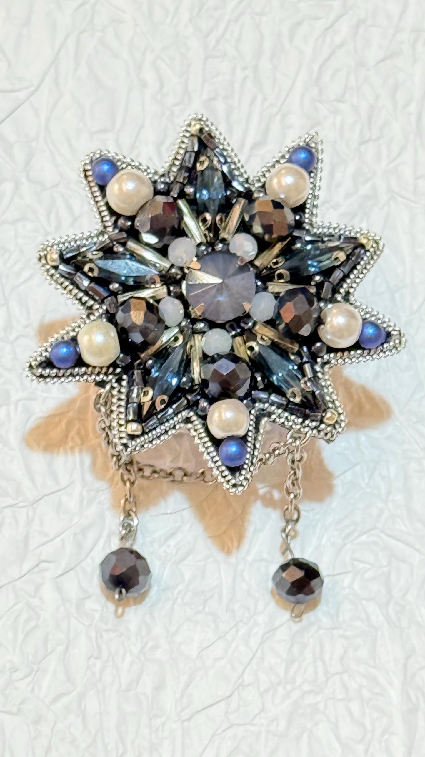 Handmade Blue Star Brooch: Crystal & Pearl Beaded Statement Jewelry