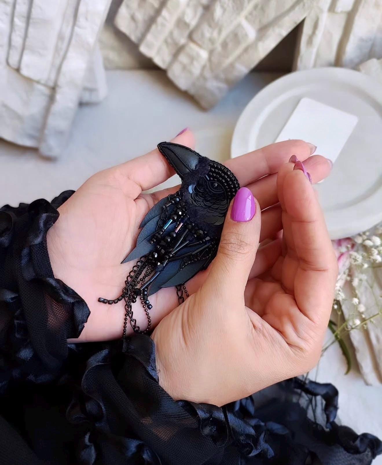 Handmade Beaded Raven Brooch, Gothic Bird Pin, Dark Fantasy Jewelry