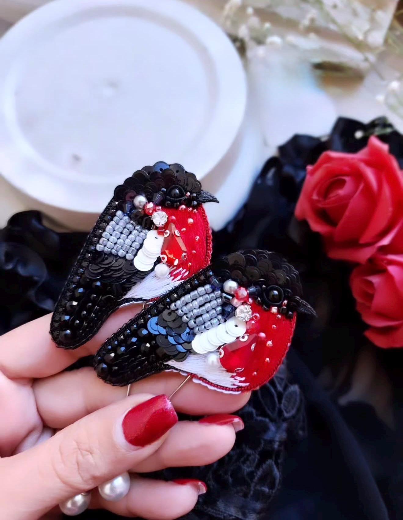 Beaded Bullfinch Brooch – Handmade Embroidered Bird Pin