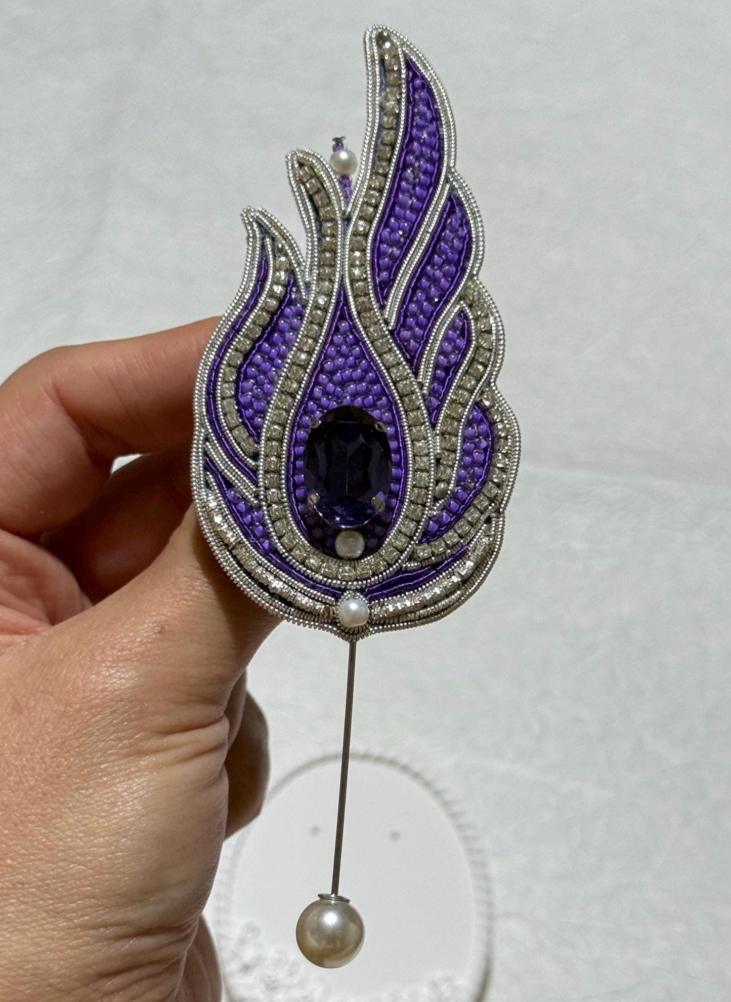 Handmade Purple Lotus Brooch: Beaded Crystal Statement Pin