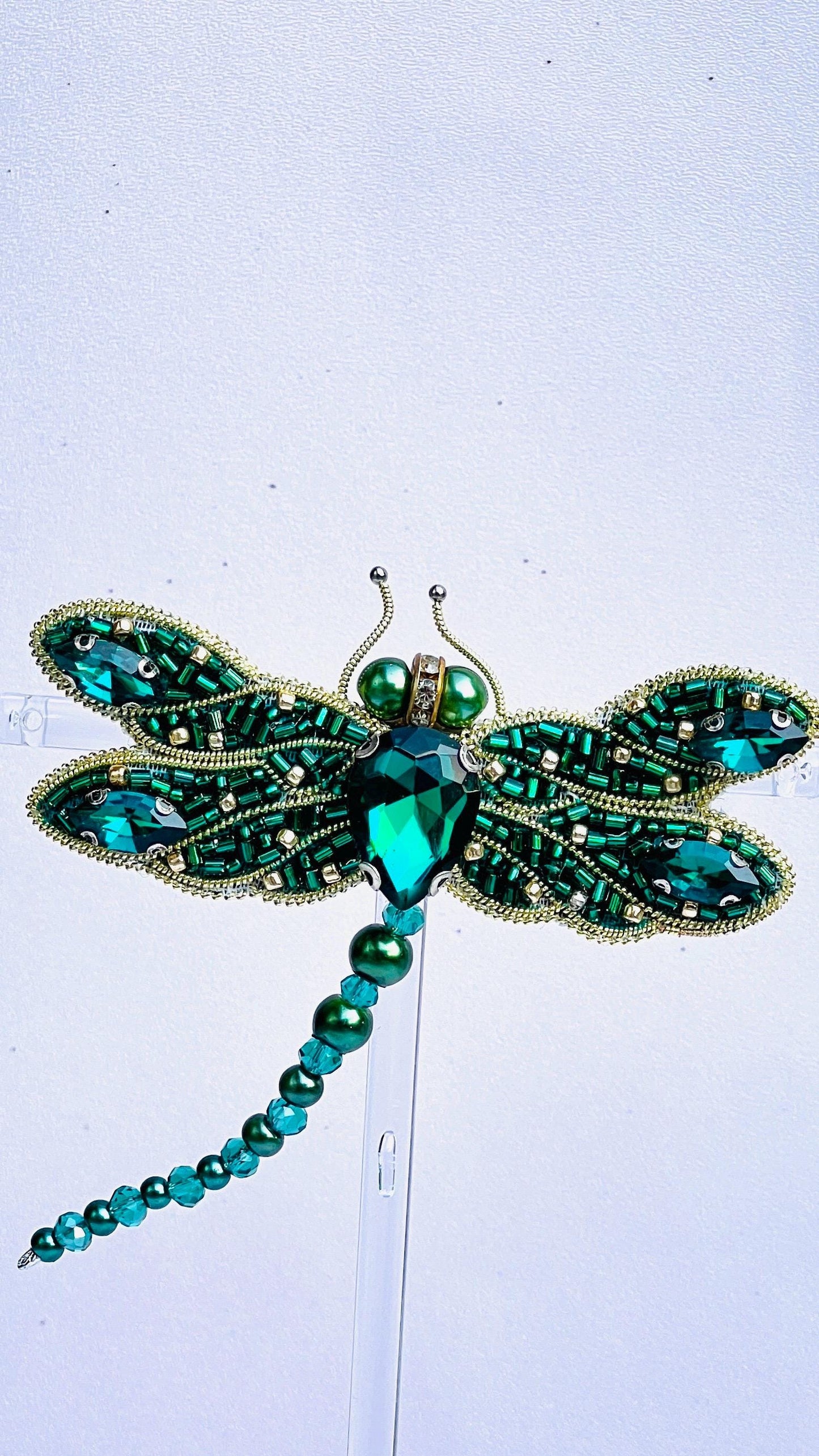 Handmade Green Dragonfly Brooch: Beaded Crystal Statement Pin