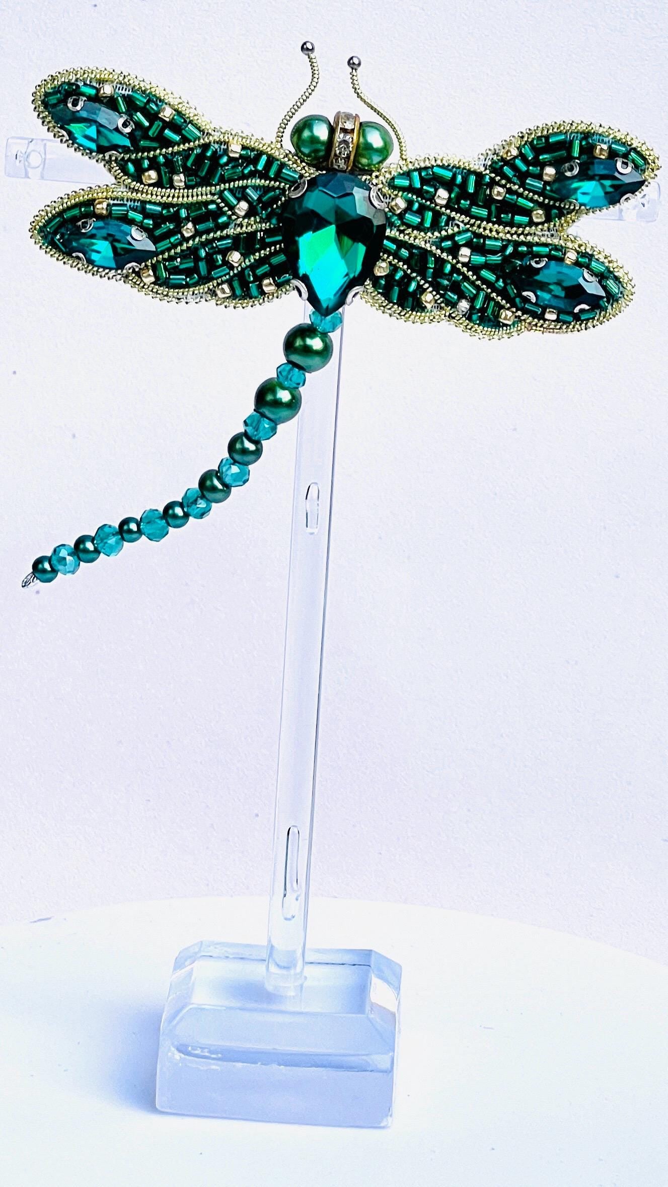 Handmade Green Dragonfly Brooch: Beaded Crystal Statement Pin