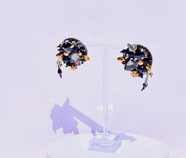 Black & Gold Beaded Headband and Earrings Set: Handmade Crystal Jewelry