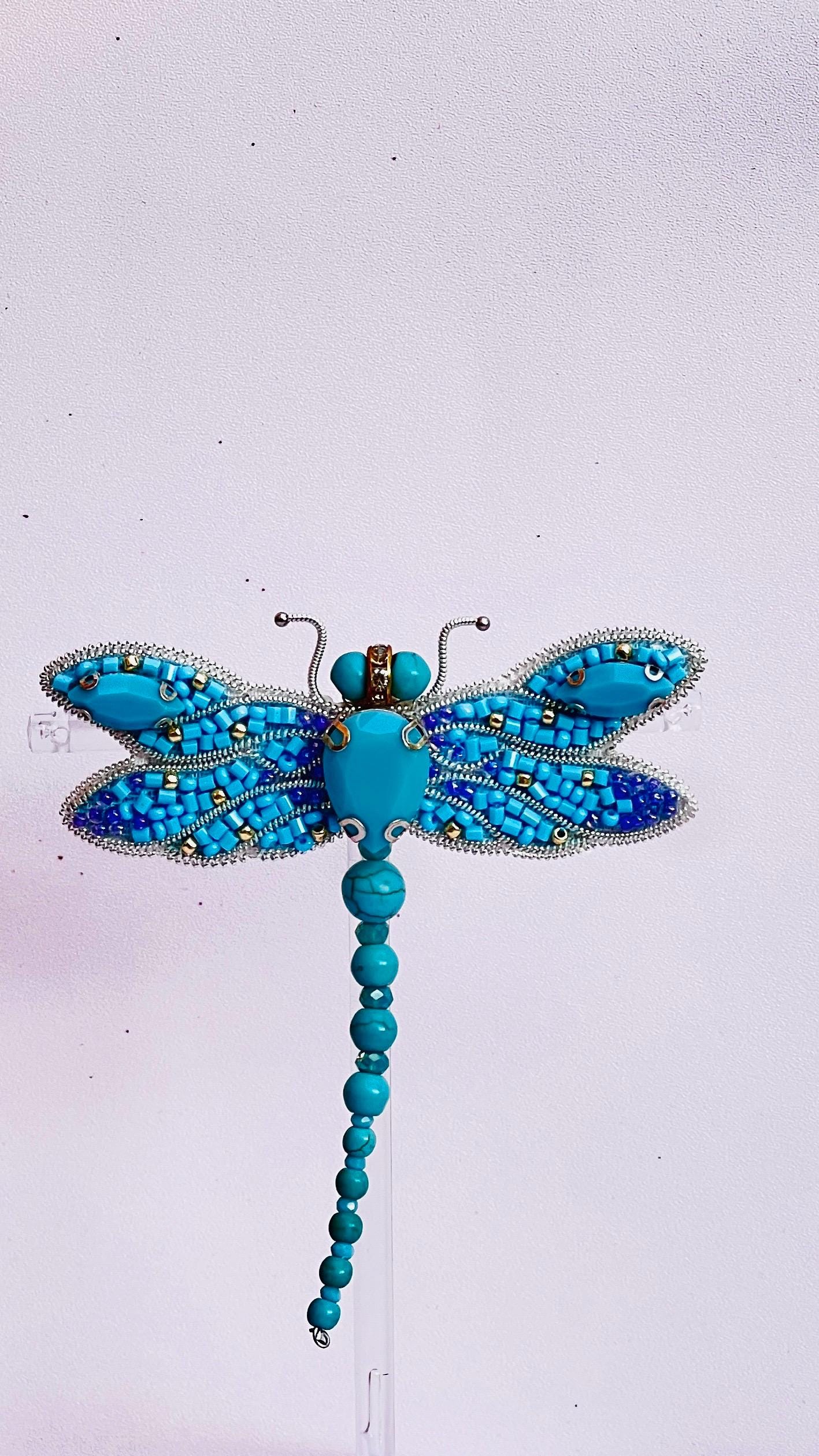 Handmade Turquoise Dragonfly Brooch: Beaded Crystal Statement Pin