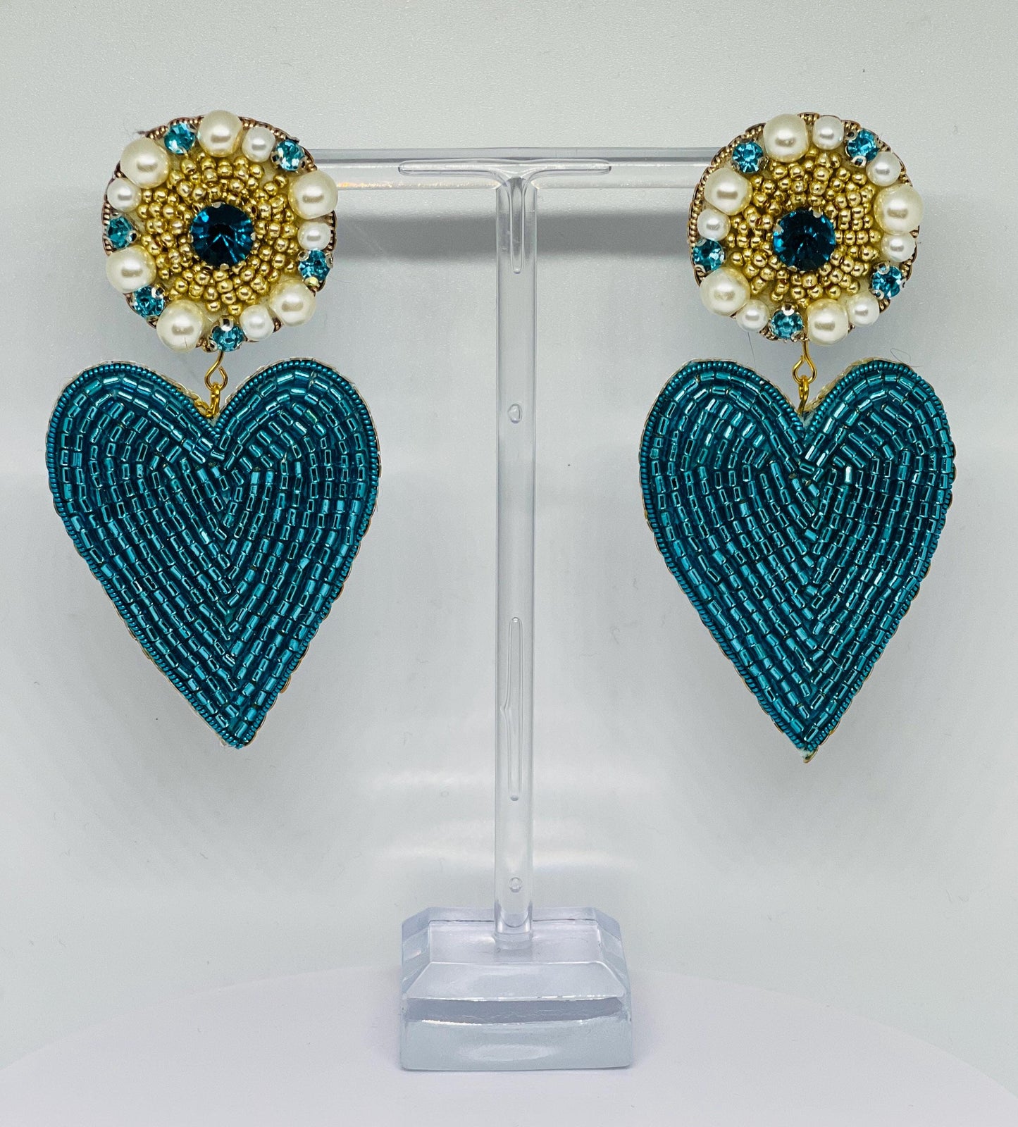 Handmade Blue Heart Earrings: Beaded Pearls & Crystals, Elegant Drop Earrings