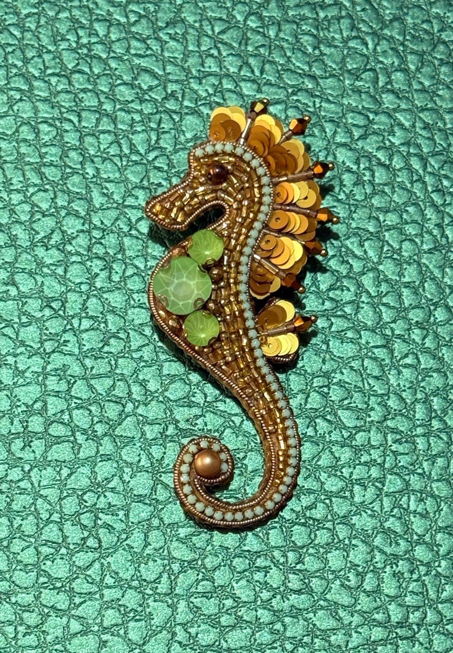 Handmade Gold Seahorse Brooch, Beaded Sea Life Jewelry