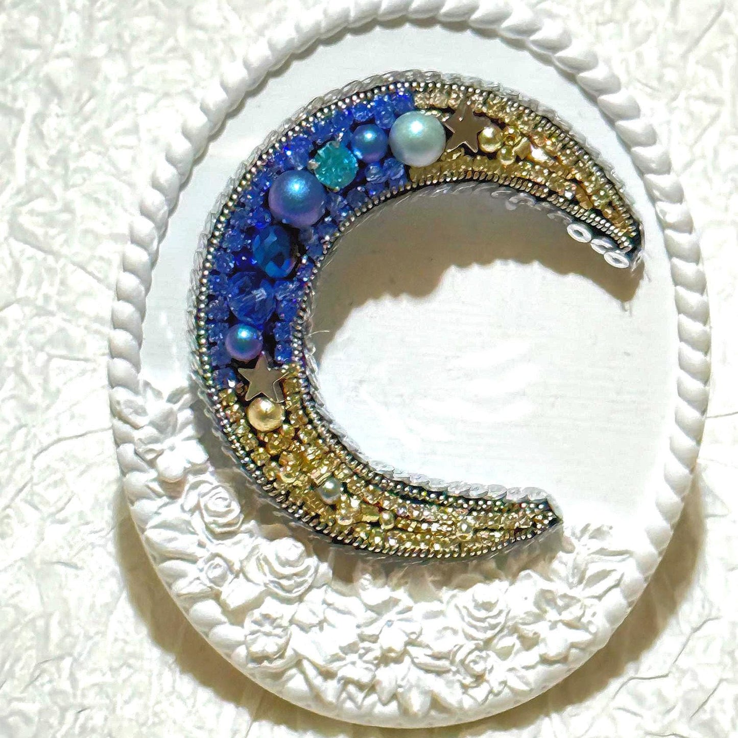 Handmade Beaded Star and Moon Brooch: Celestial Rhinestone Pin