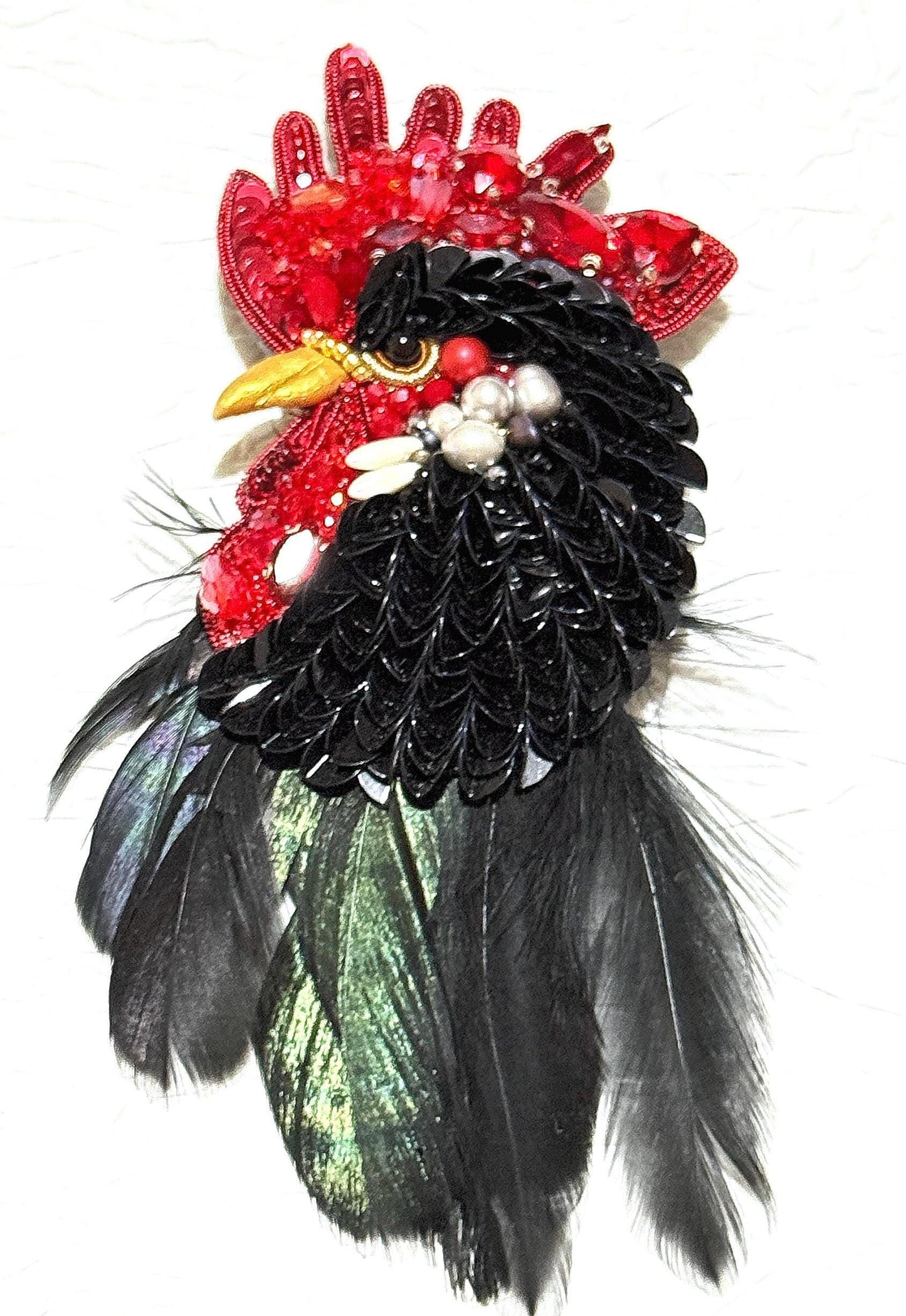 Handmade Beaded Rooster Brooch: Feather Embroidered Farm Pin