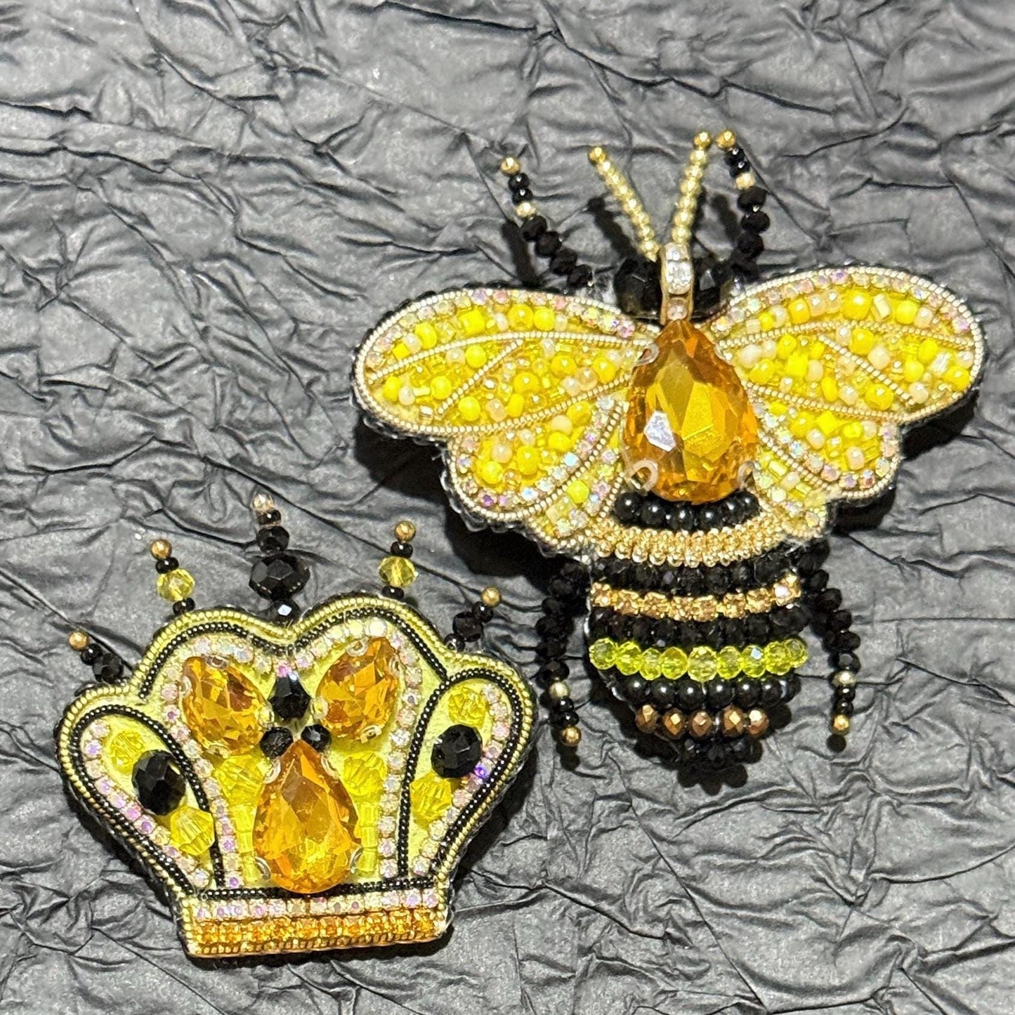 Handmade Beaded Bee and Crown Brooch Set: Yellow Crystal Pins
