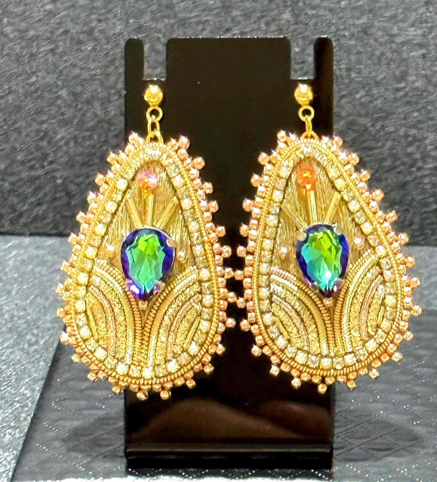 Handmade Gold Teardrop Earrings: Beaded Crystal Embroidered Statement Jewelry
