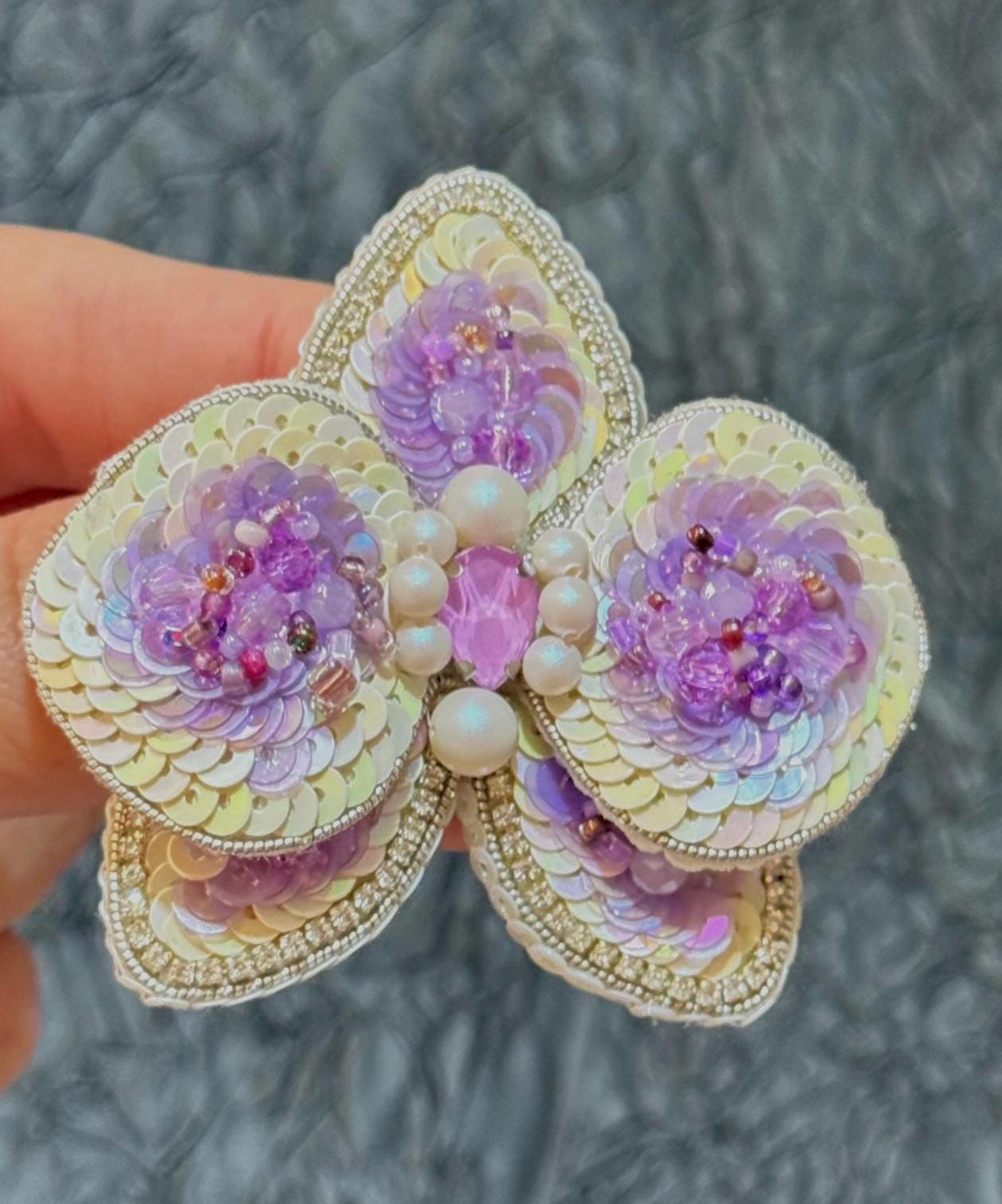 Handmade Beaded Orchid Brooch: Sequin Pearl Floral Pin