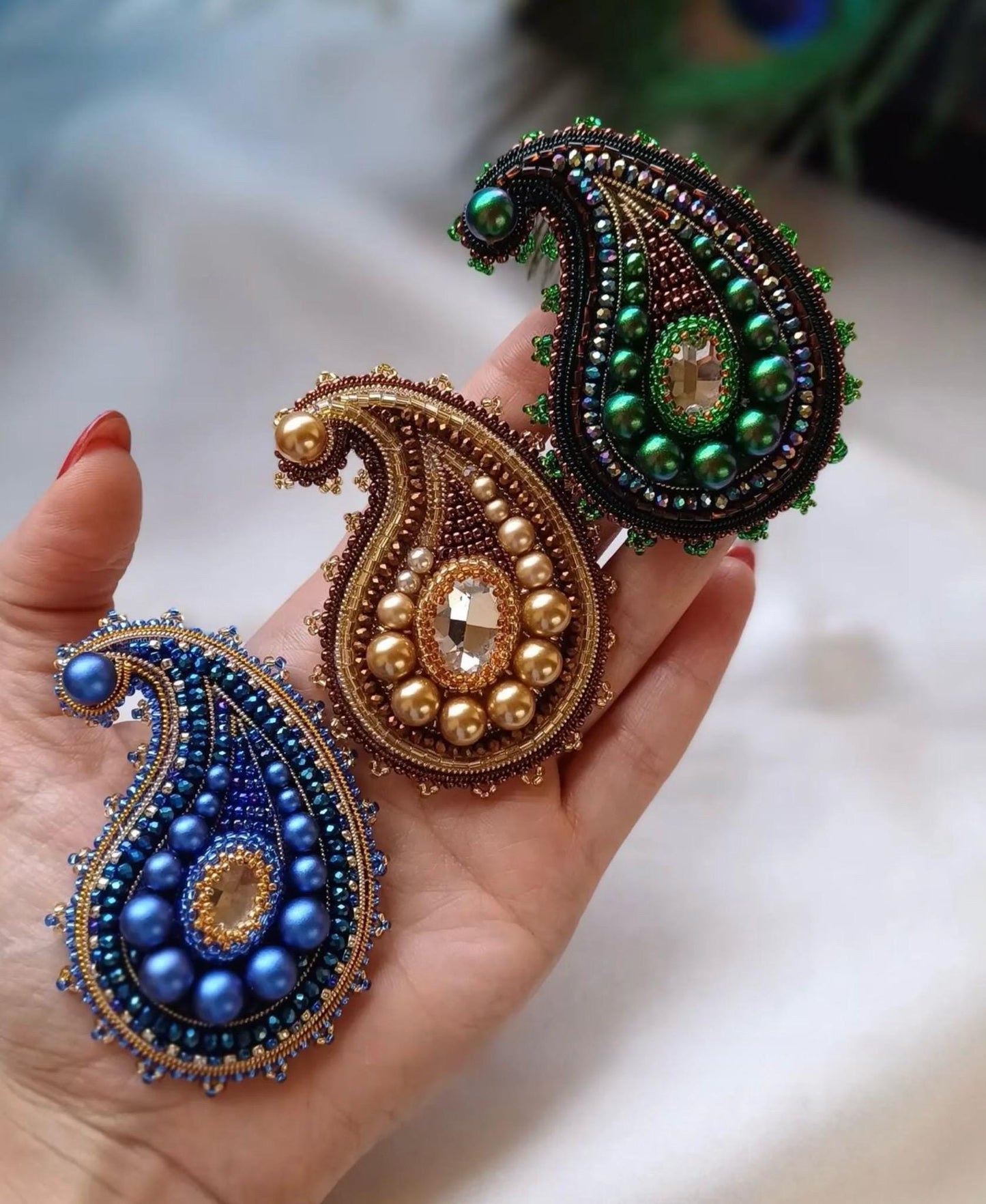 Beaded Paisley Brooch Pin: Crystal Pearl Bohemian Lapel Accessory