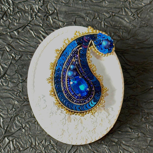 Handmade Blue Paisley Brooch: Beaded Indian Style Statement Pin