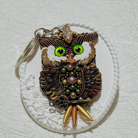 Handmade Beaded Owl Keychain: Pearl & Crystal Bag Charm