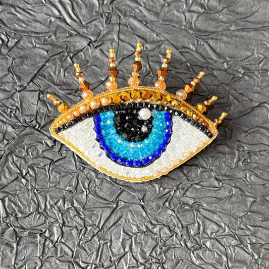 Handmade Beaded Evil Eye Brooch: Blue & Gold Amulet Pin