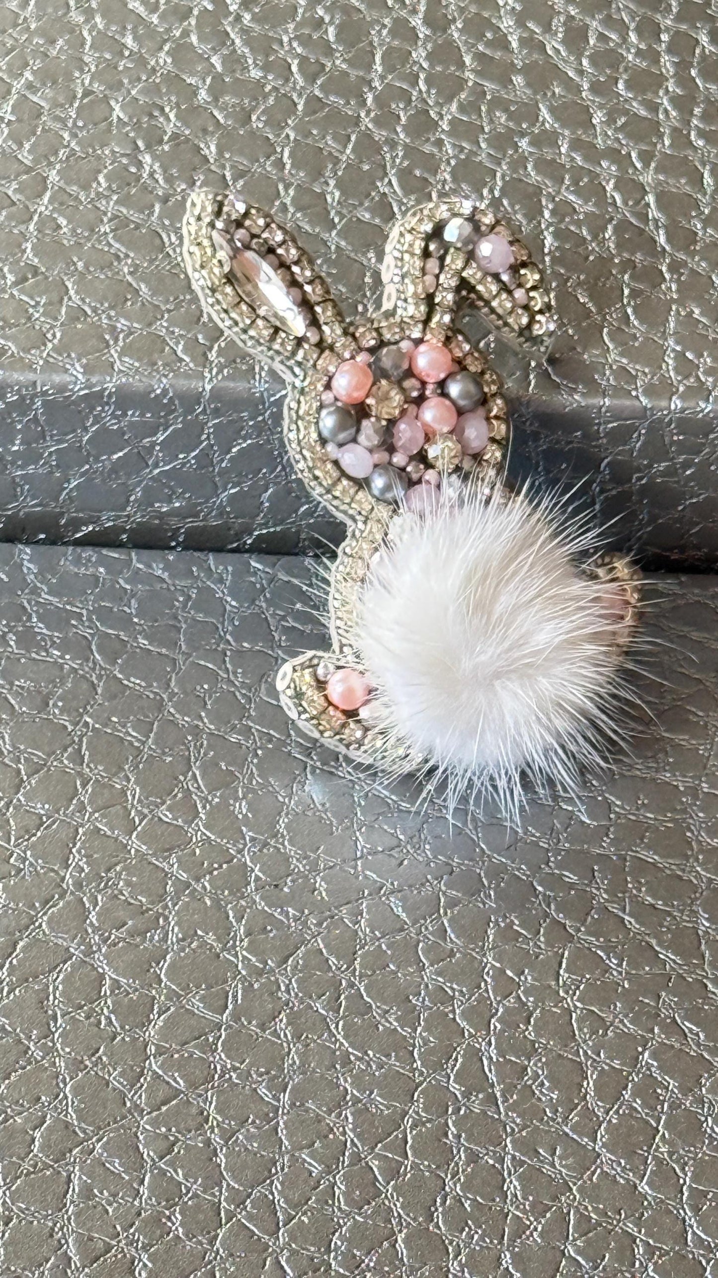 Handmade Beaded Bunny Brooch: Faux Fur Tail, Easter Pin