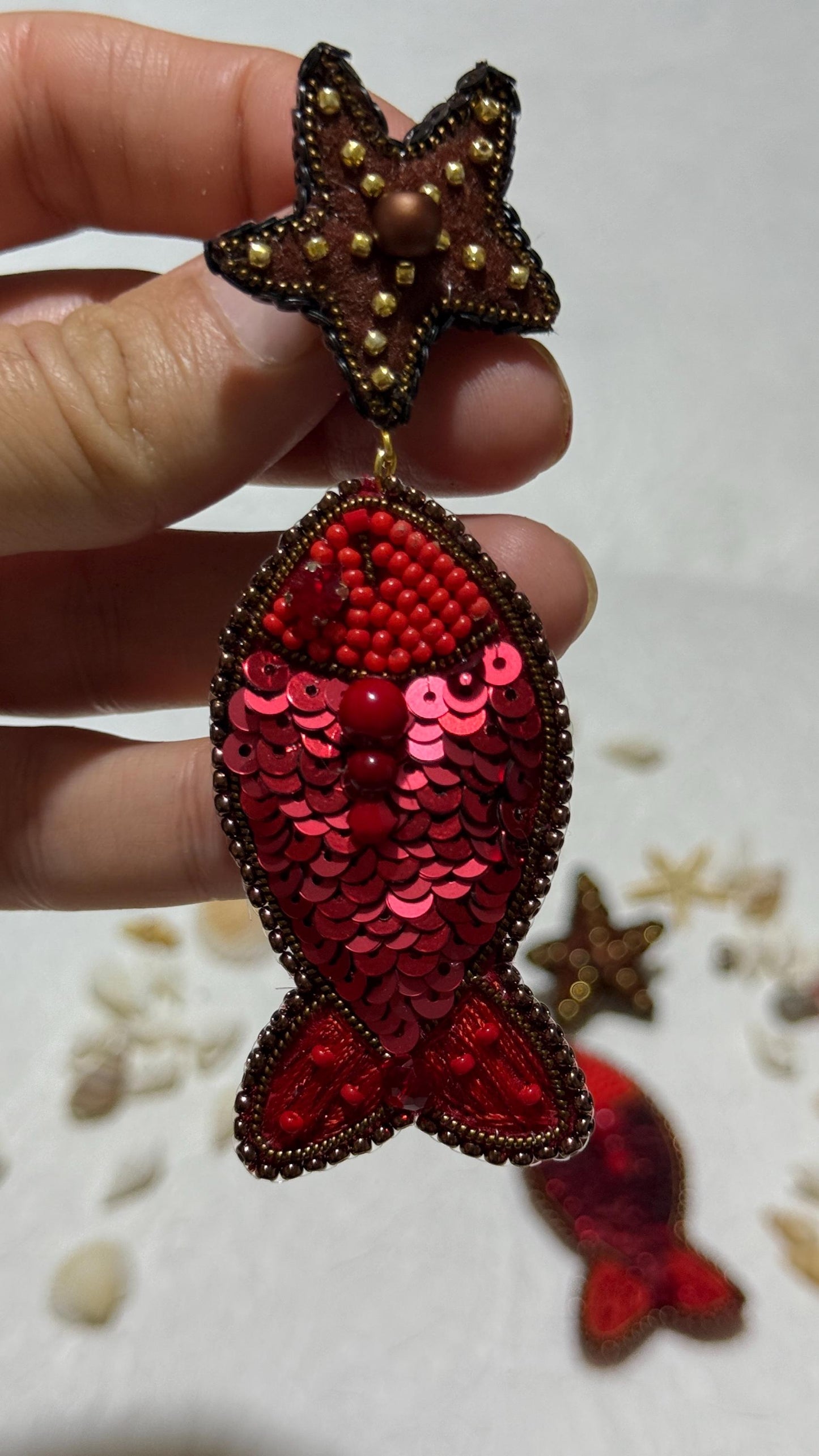 Handmade Beaded Fish Earrings: Red Sequin Starfish Dangle Jewelry
