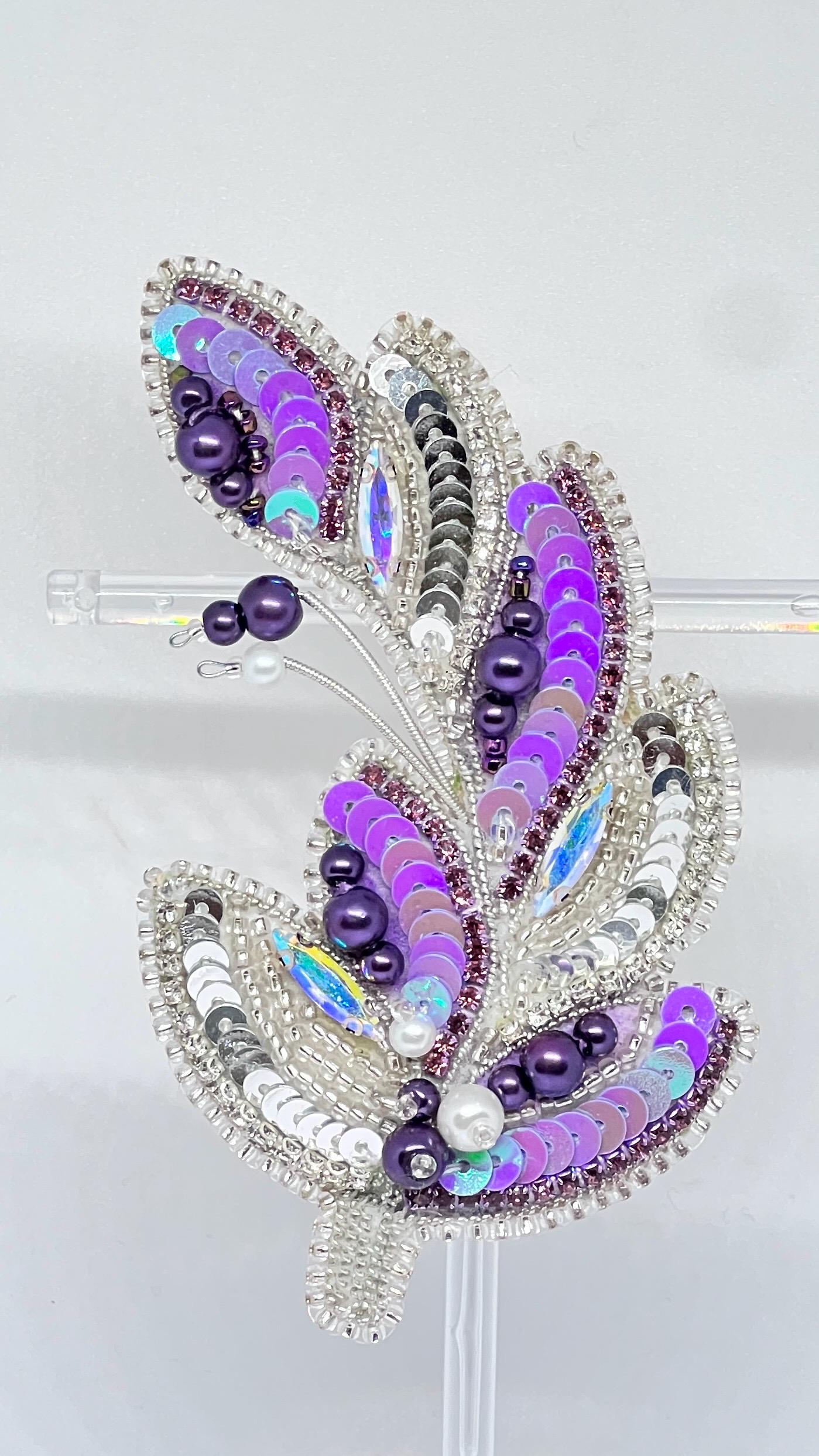 Handmade Beaded Feather Brooch: Purple Sequin & Pearl Embellished Pin