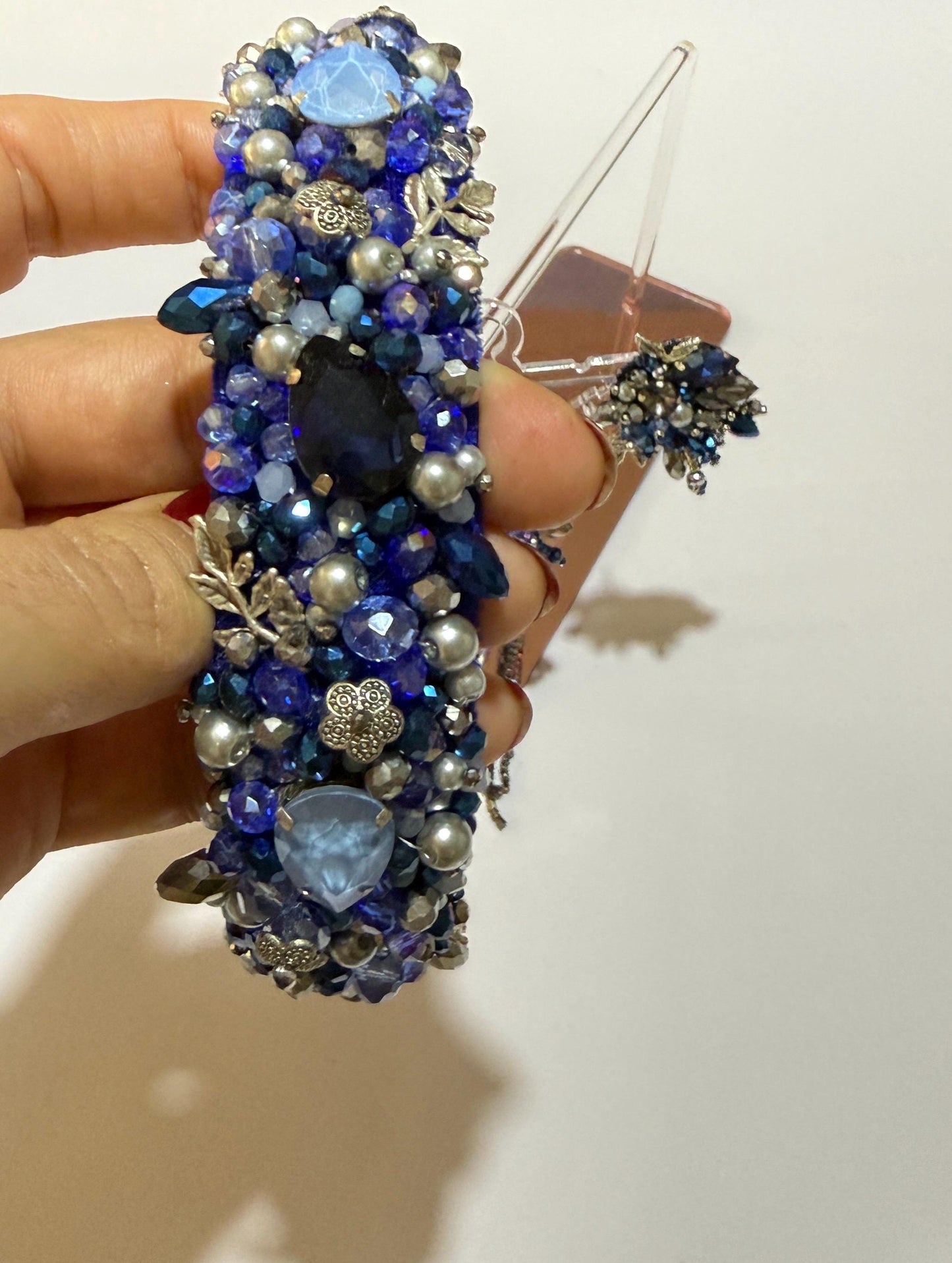 Handmade Blue Beaded Headband with Crystal Dangle Earrings