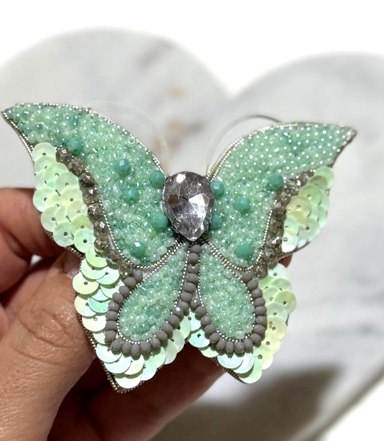 Handmade Mint Green Butterfly Brooch: Beaded Crystal Pin