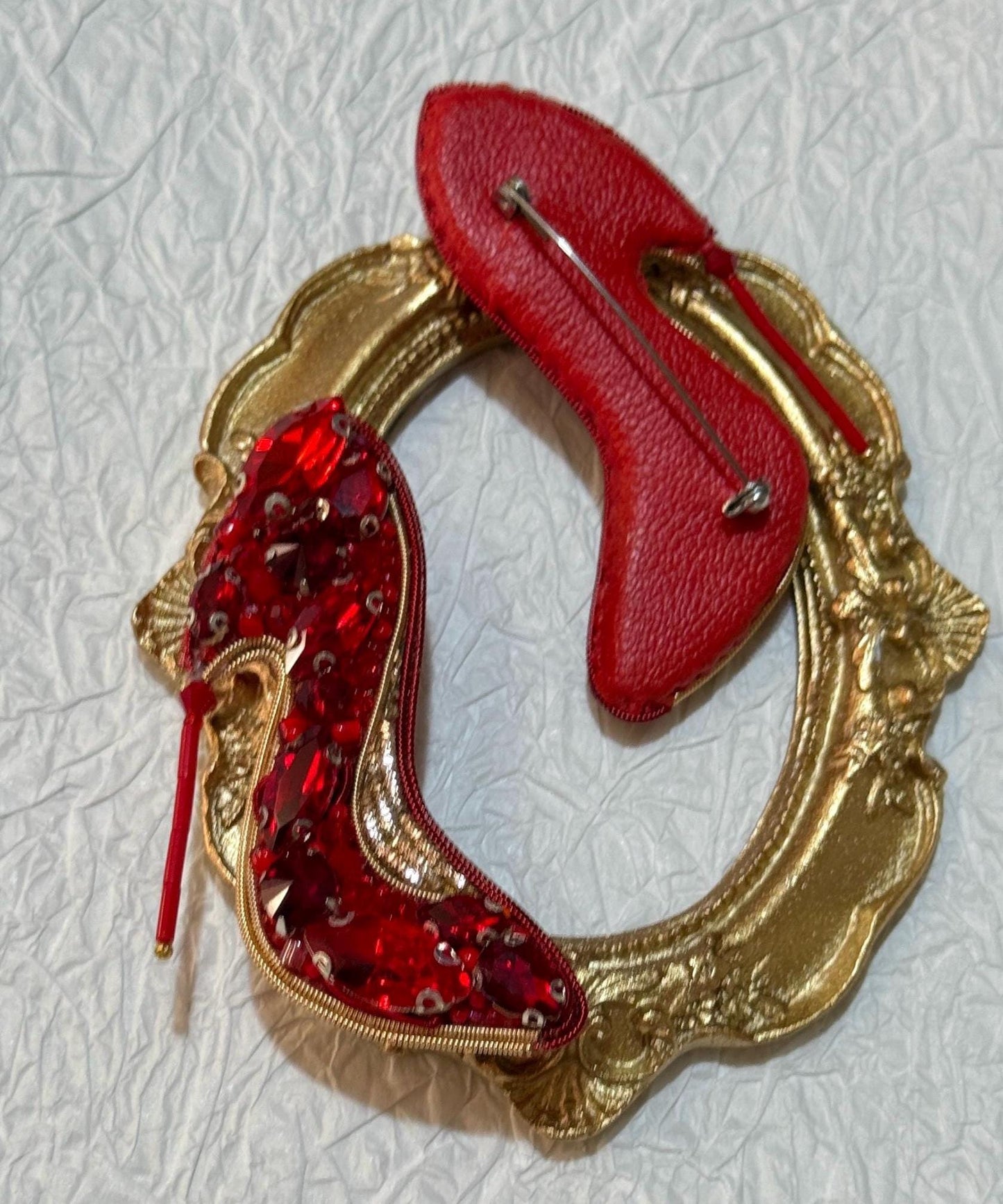 Handmade Red High Heel Brooch: Beaded Rhinestone Shoe Pin