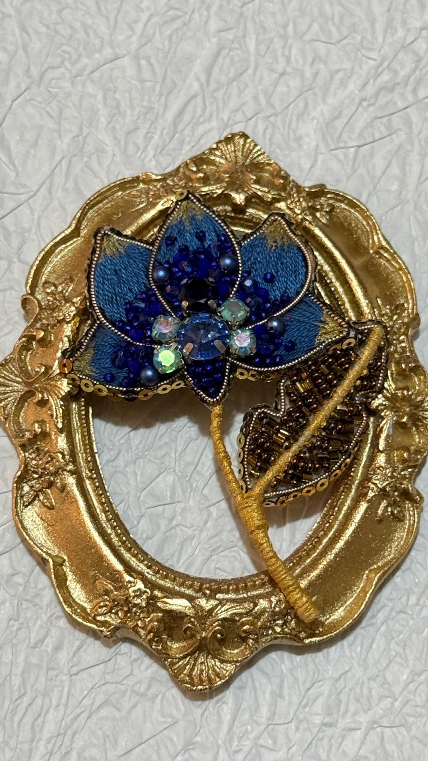 Handmade Blue Lotus Brooch: Beaded Floral Pin with Gold Frame