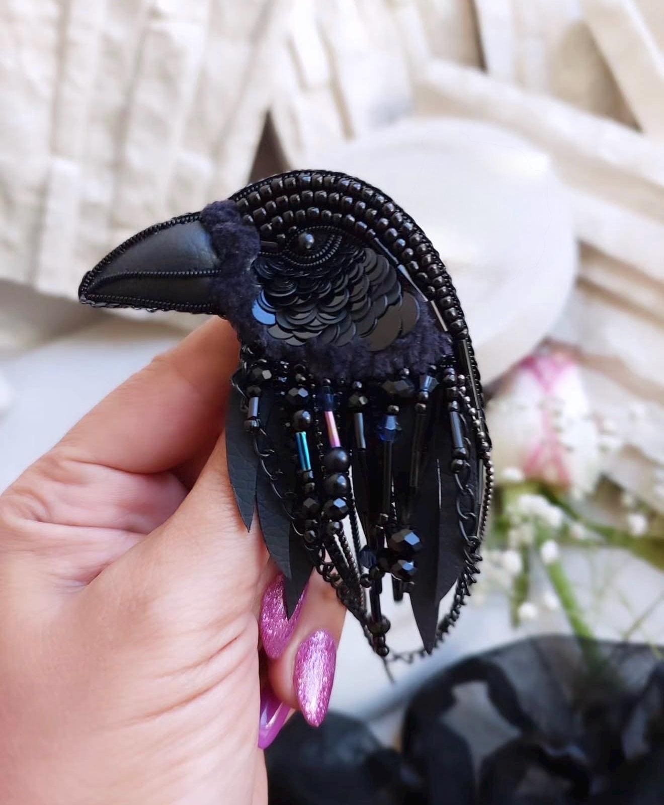 Handmade Beaded Raven Brooch, Gothic Bird Pin, Dark Fantasy Jewelry