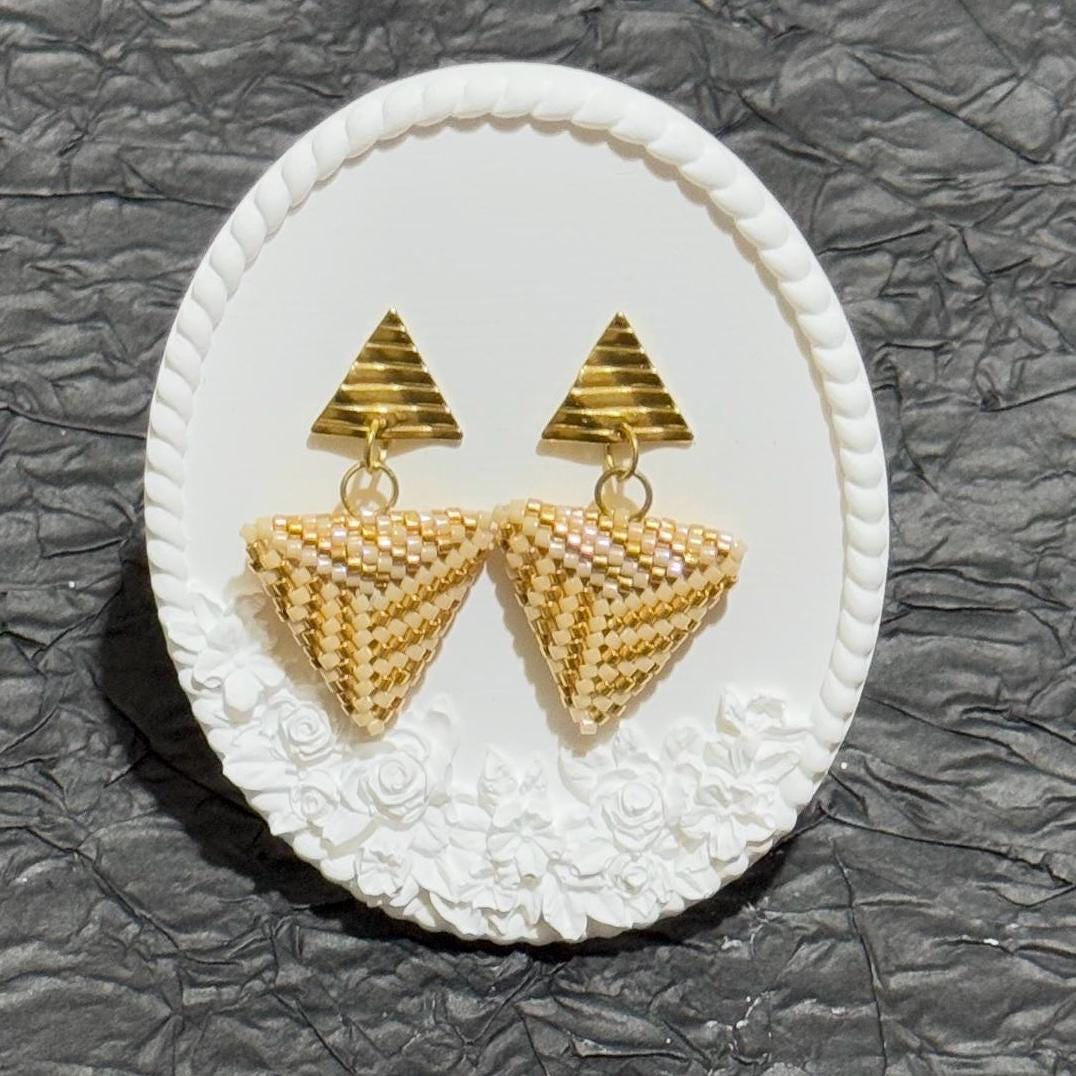 Handmade Beaded Triangle Dangle Earrings: Gold Geometric Statement