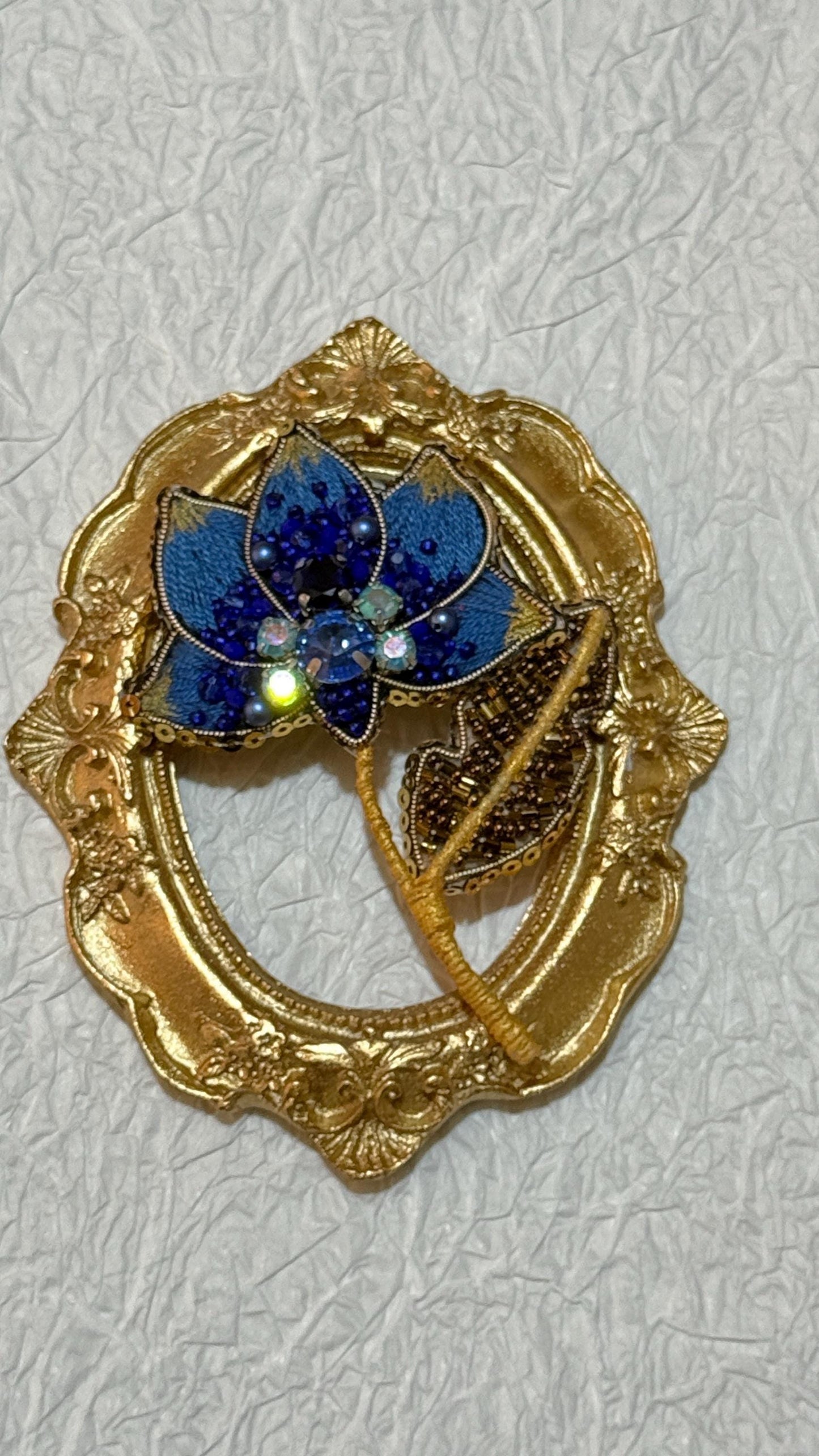 Handmade Blue Lotus Brooch: Beaded Floral Pin with Gold Frame