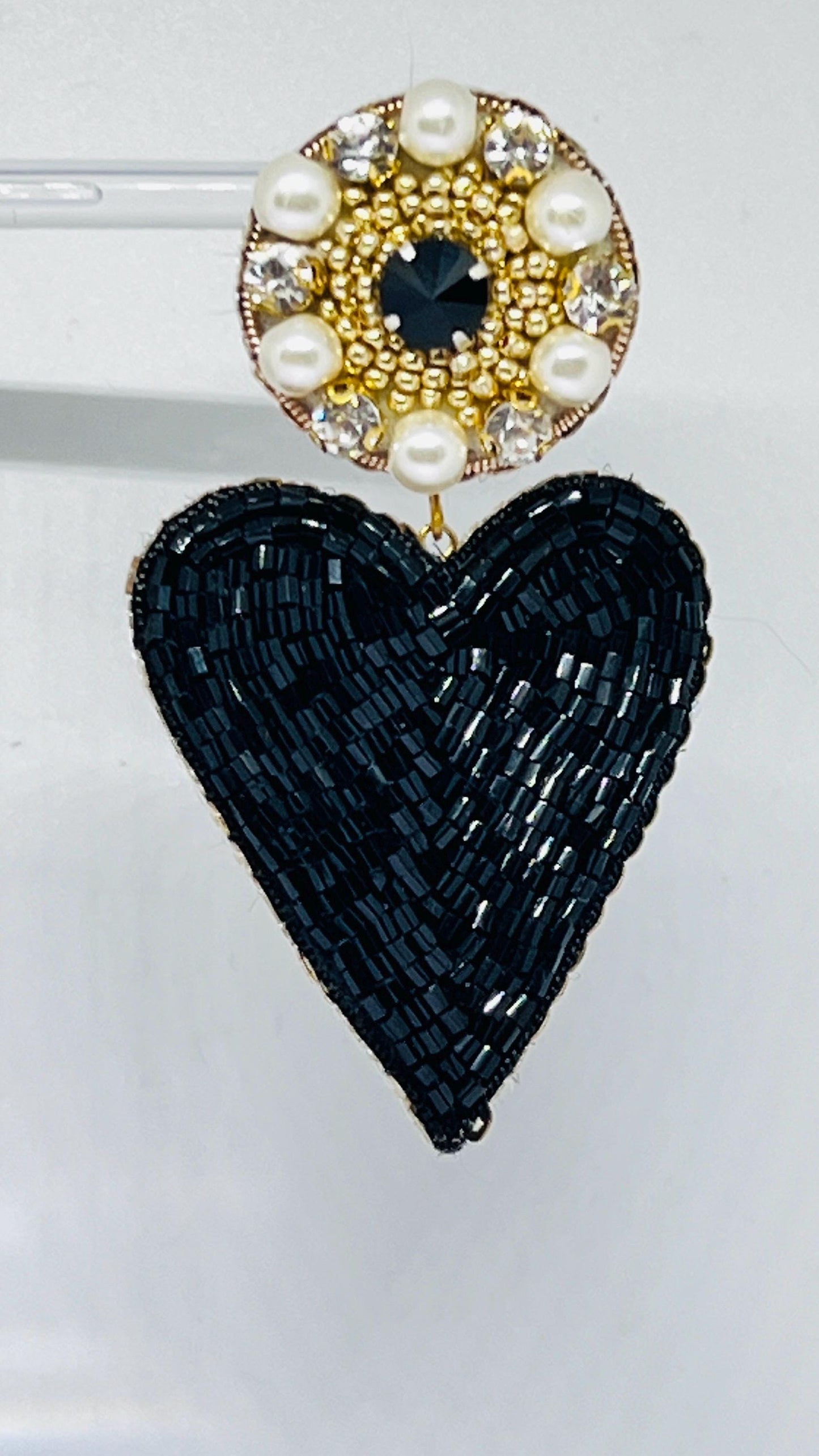 Black Heart Beaded Earrings: Handmade Pearl Crystal Statement Jewelry