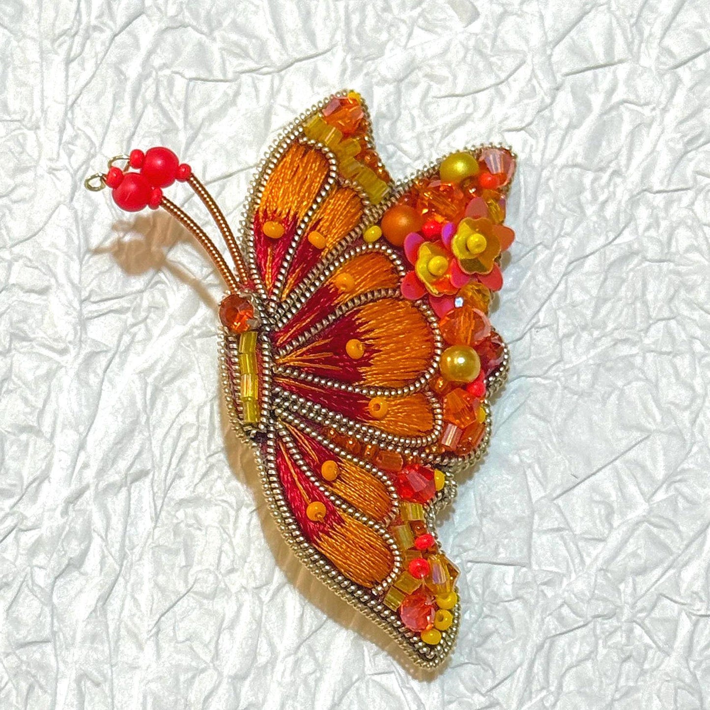 Handmade Beaded Butterfly Brooch: Embroidered Orange & Gold Pin