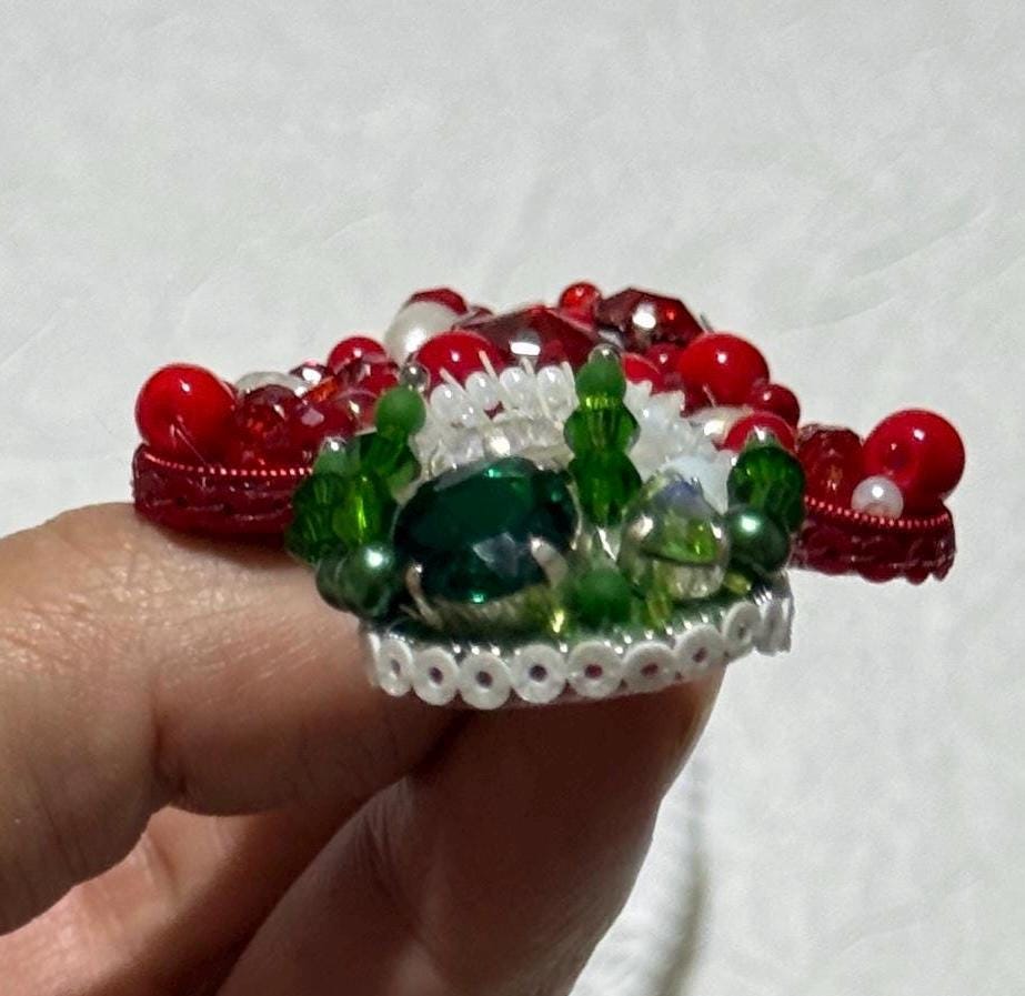 Handmade Beaded Mushroom Brooch: Pearl & Crystal Toadstool Pin