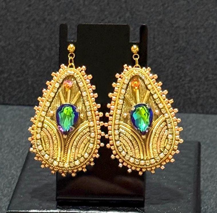 Handmade Gold Teardrop Earrings: Beaded Crystal Embroidered Statement Jewelry