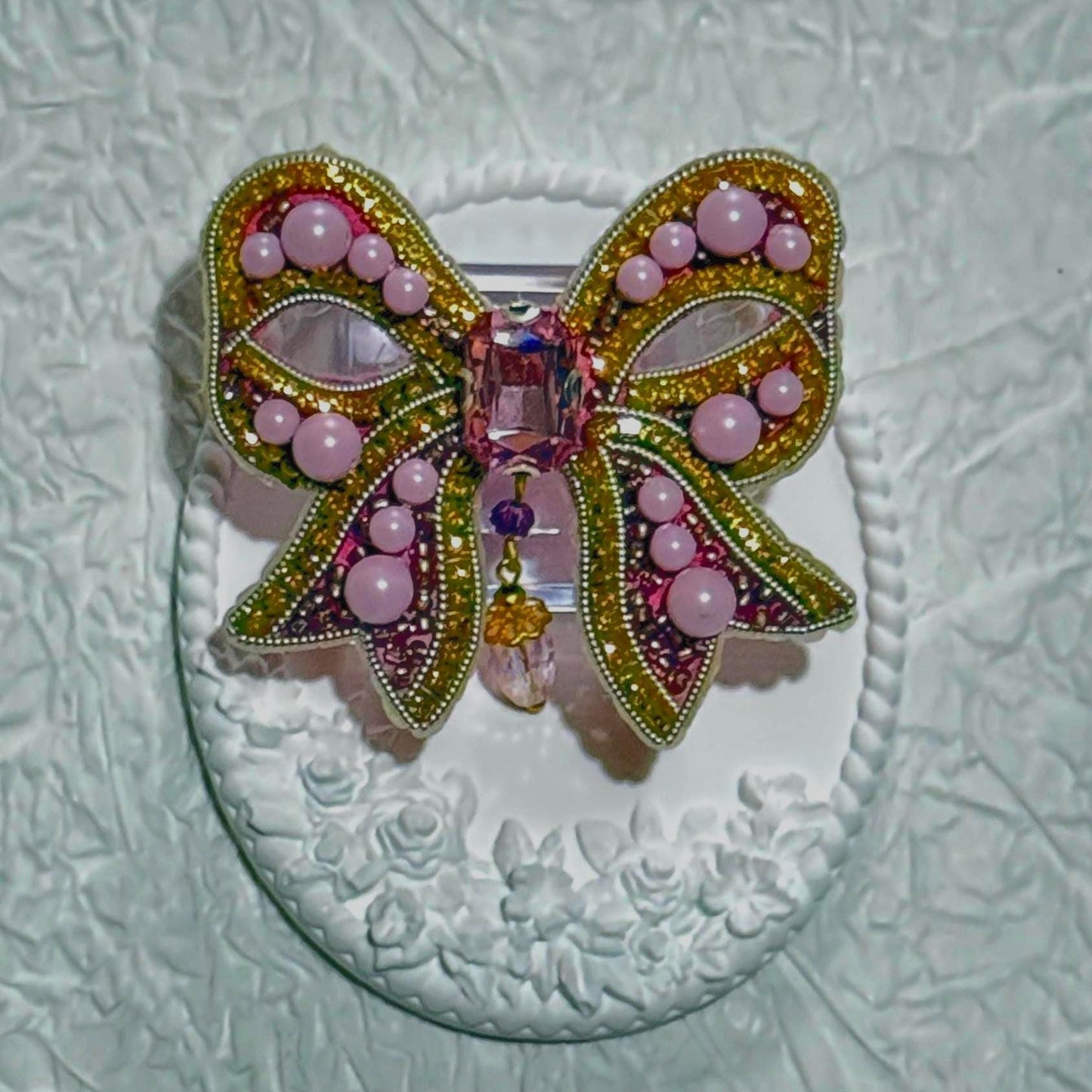 Handmade Pink Bow Brooch: Beaded Crystals & Pearls, Statement Jewelry