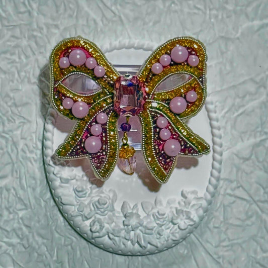 Handmade Pink Bow Brooch: Beaded Crystals & Pearls, Statement Jewelry
