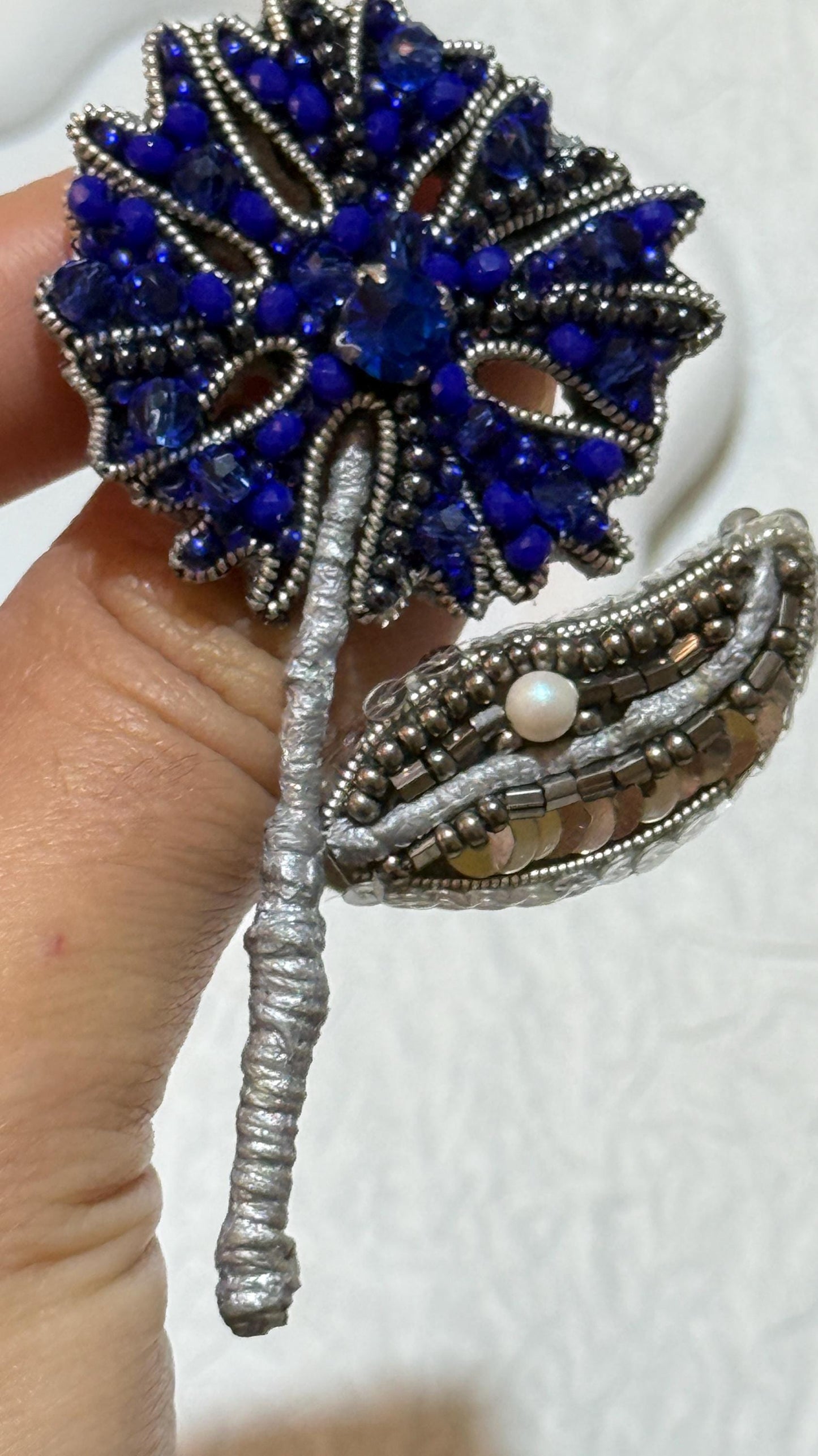 Handcrafted Blue Crystal Floral Brooch - Elegant Beaded Flower Pin