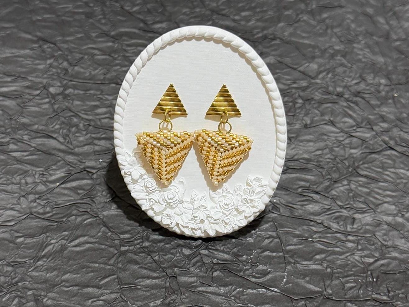 Handmade Beaded Triangle Dangle Earrings: Gold Geometric Statement