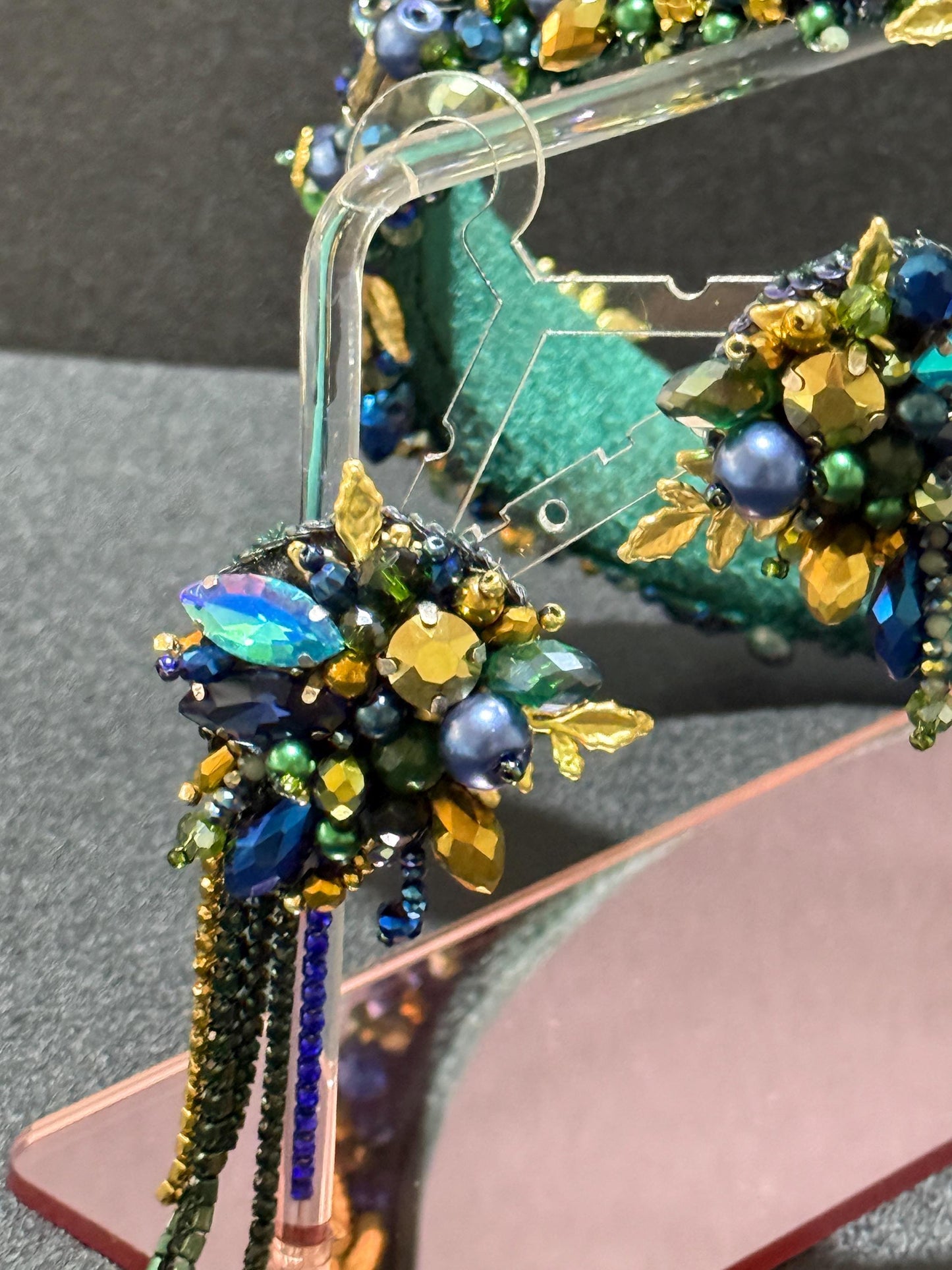 Handmade Green Beaded Headband and Crystal Earrings: Wedding Jewelry Set
