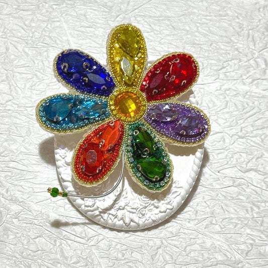 Handmade Rainbow Crystal Flower Brooch: Beaded Pride Pin