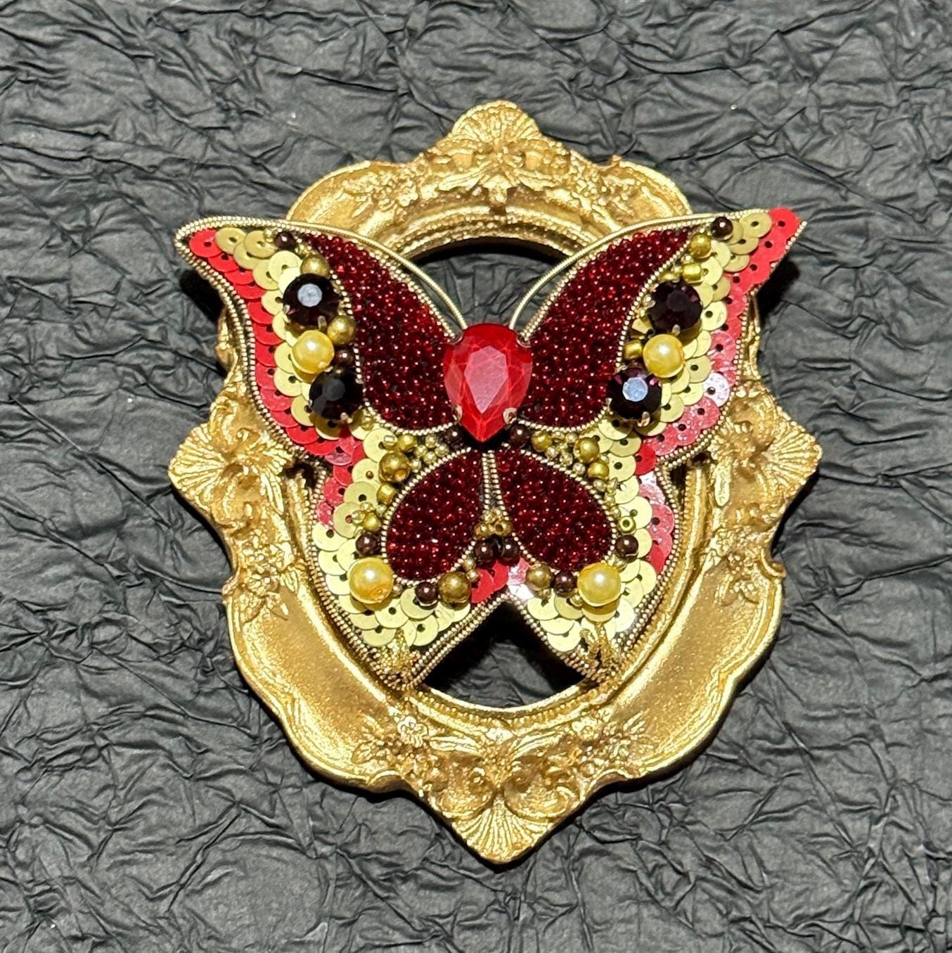 Handmade Red Butterfly Brooch: Beaded Pearl & Crystal Statement Pin