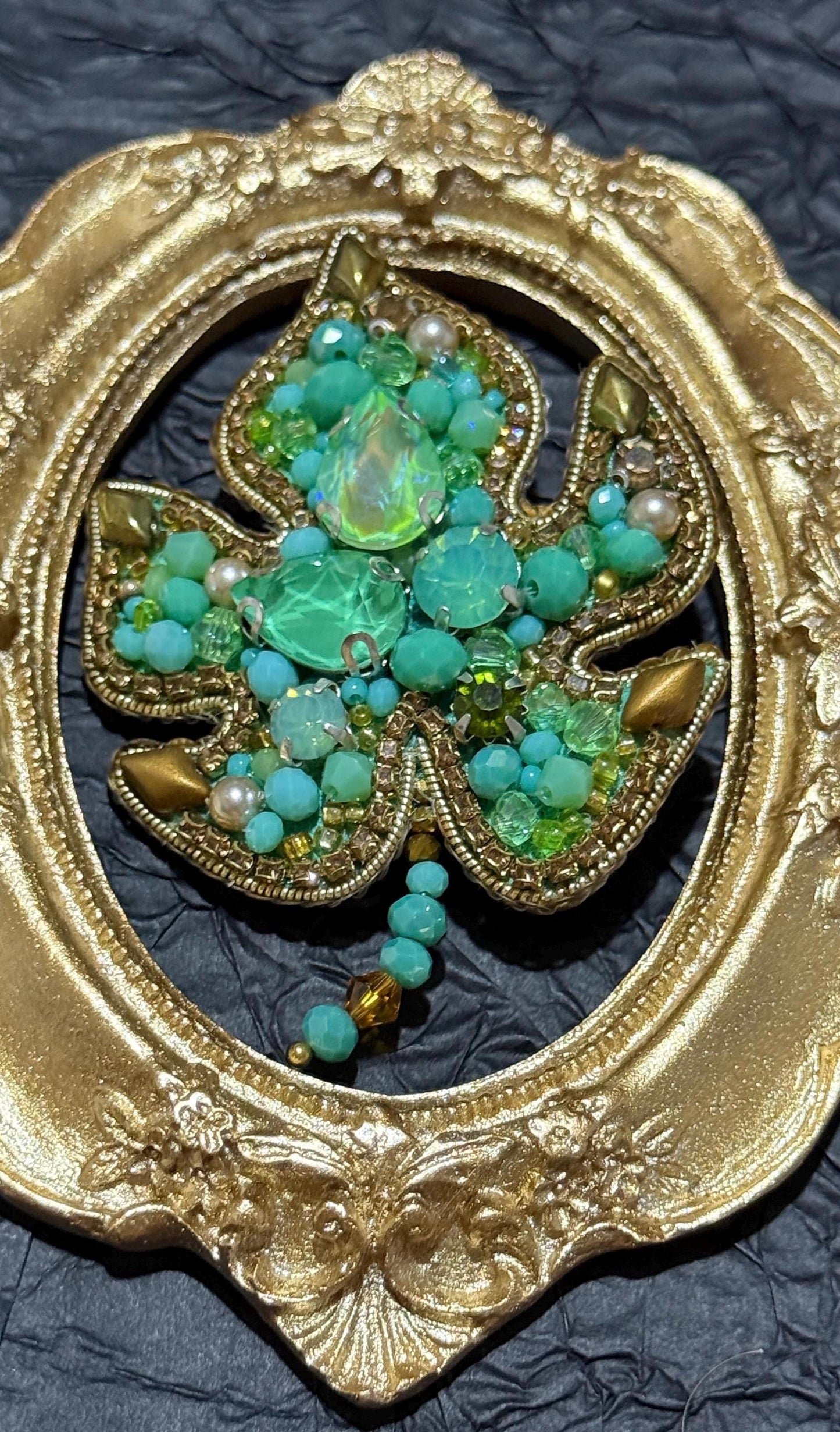 Handmade Green Crystal Leaf Brooch: Beaded Nature Jewelry