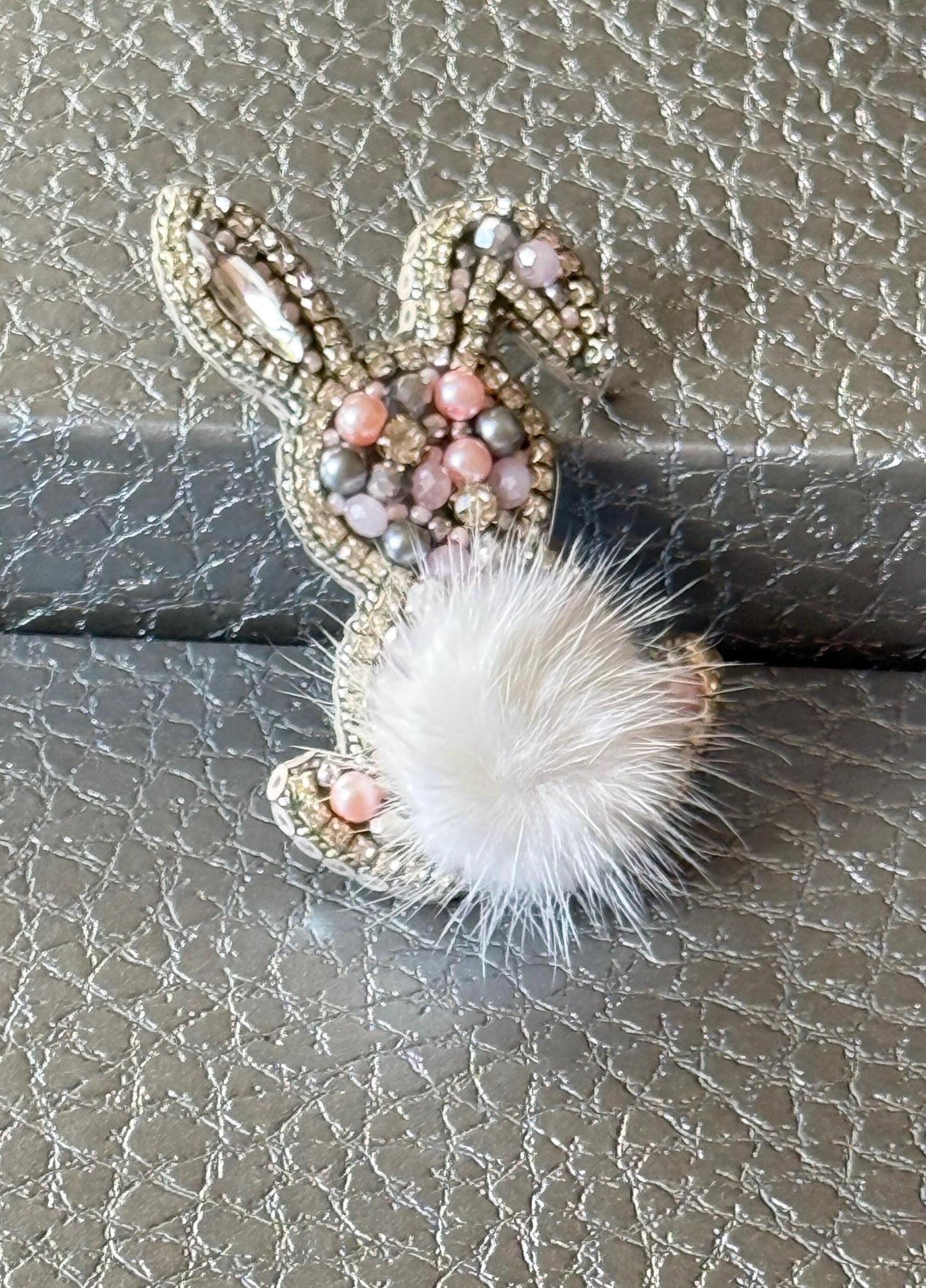 Handmade Beaded Bunny Brooch: Faux Fur Tail, Easter Pin
