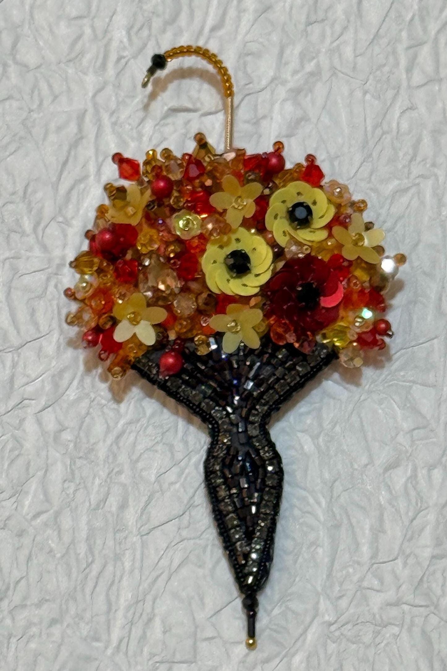 Handmade Floral Umbrella Brooch: Beaded Sequin Statement Jewelry