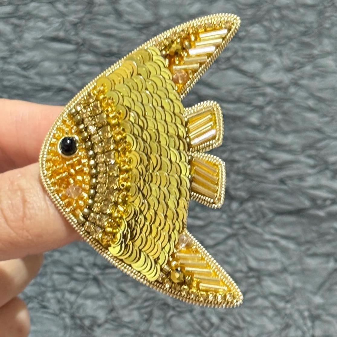 Handmade Beaded Fish Brooch: Gold Sequin Statement Pin