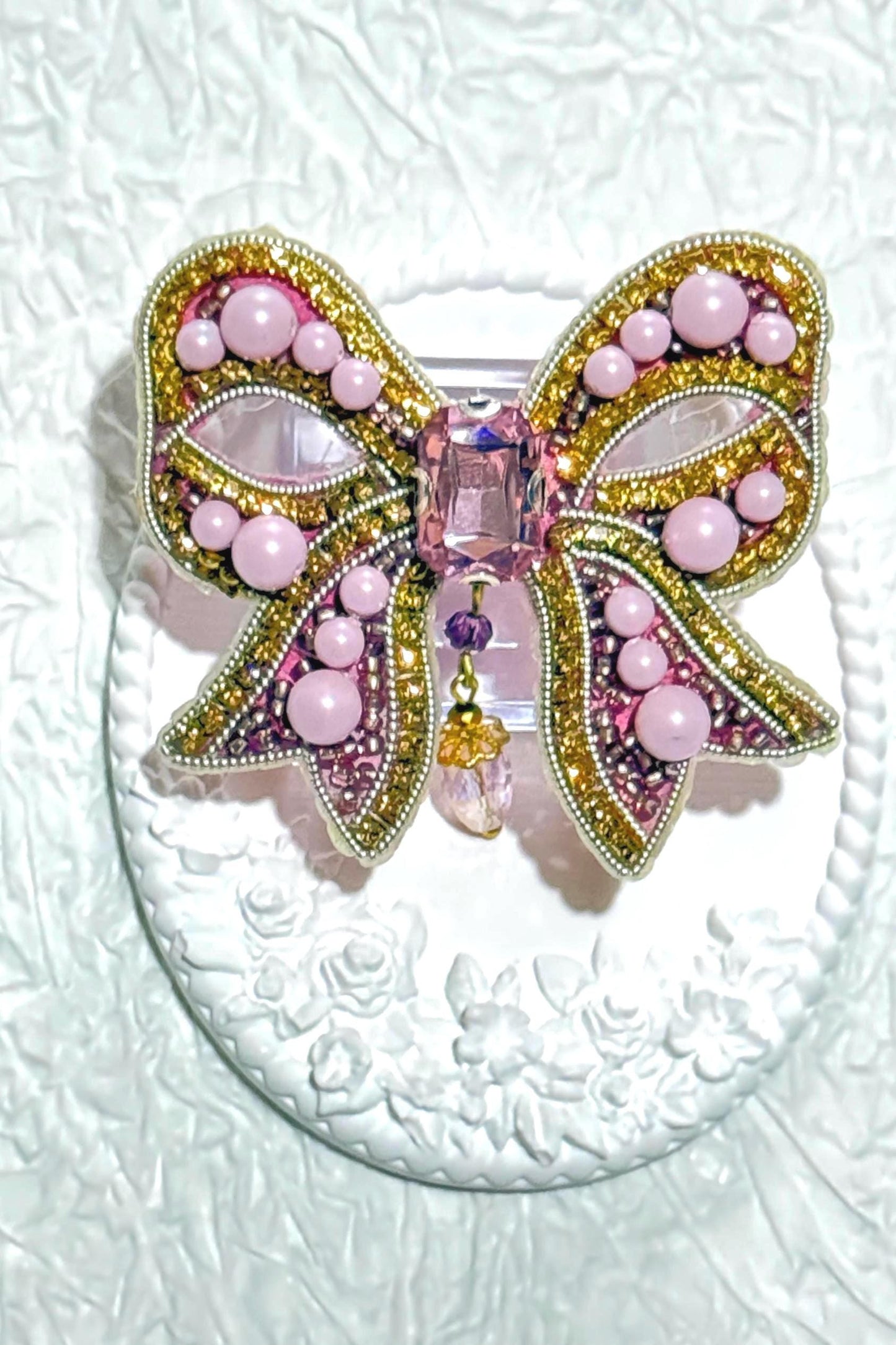 Handmade Pink Bow Brooch: Beaded Crystals & Pearls, Statement Jewelry
