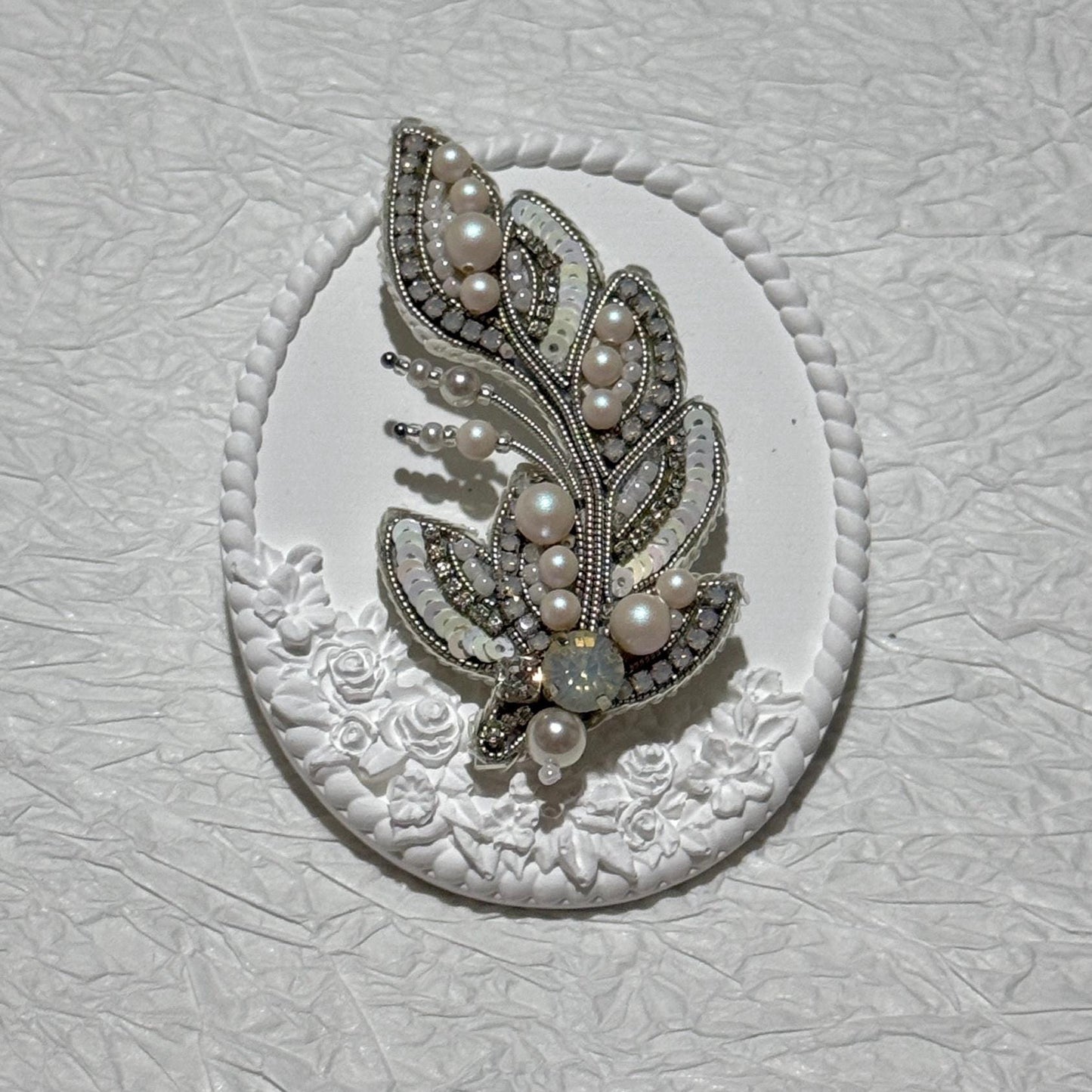 Handmade Beaded Feather Brooch: Pearl & Crystal Wedding Pin