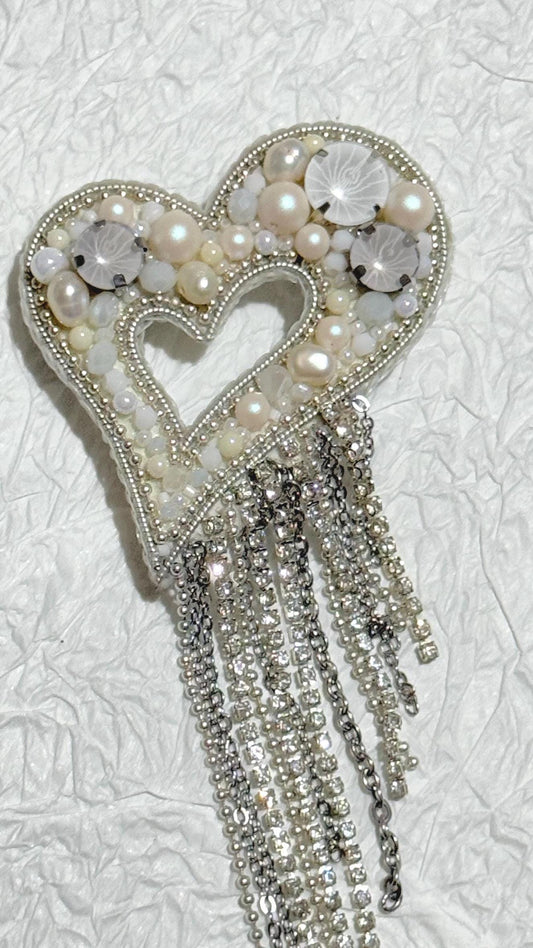 Handmade Pearl Heart Brooch: Beaded Rhinestone Dangling Chains