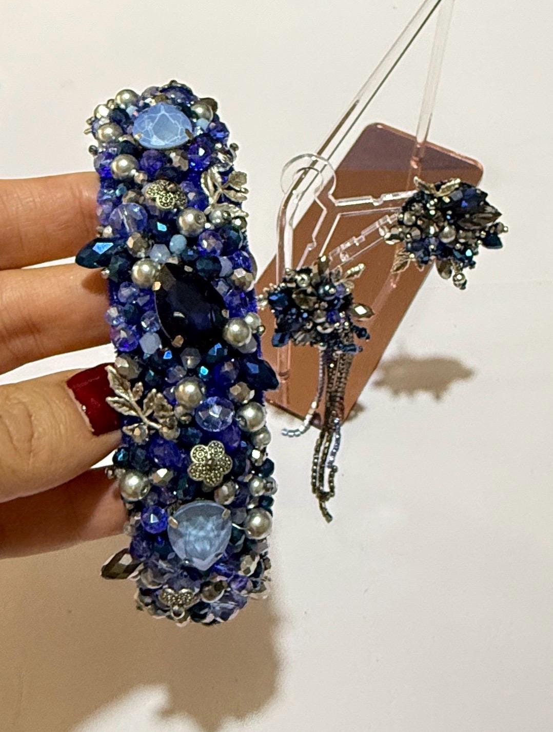 Handmade Blue Beaded Headband with Crystal Dangle Earrings