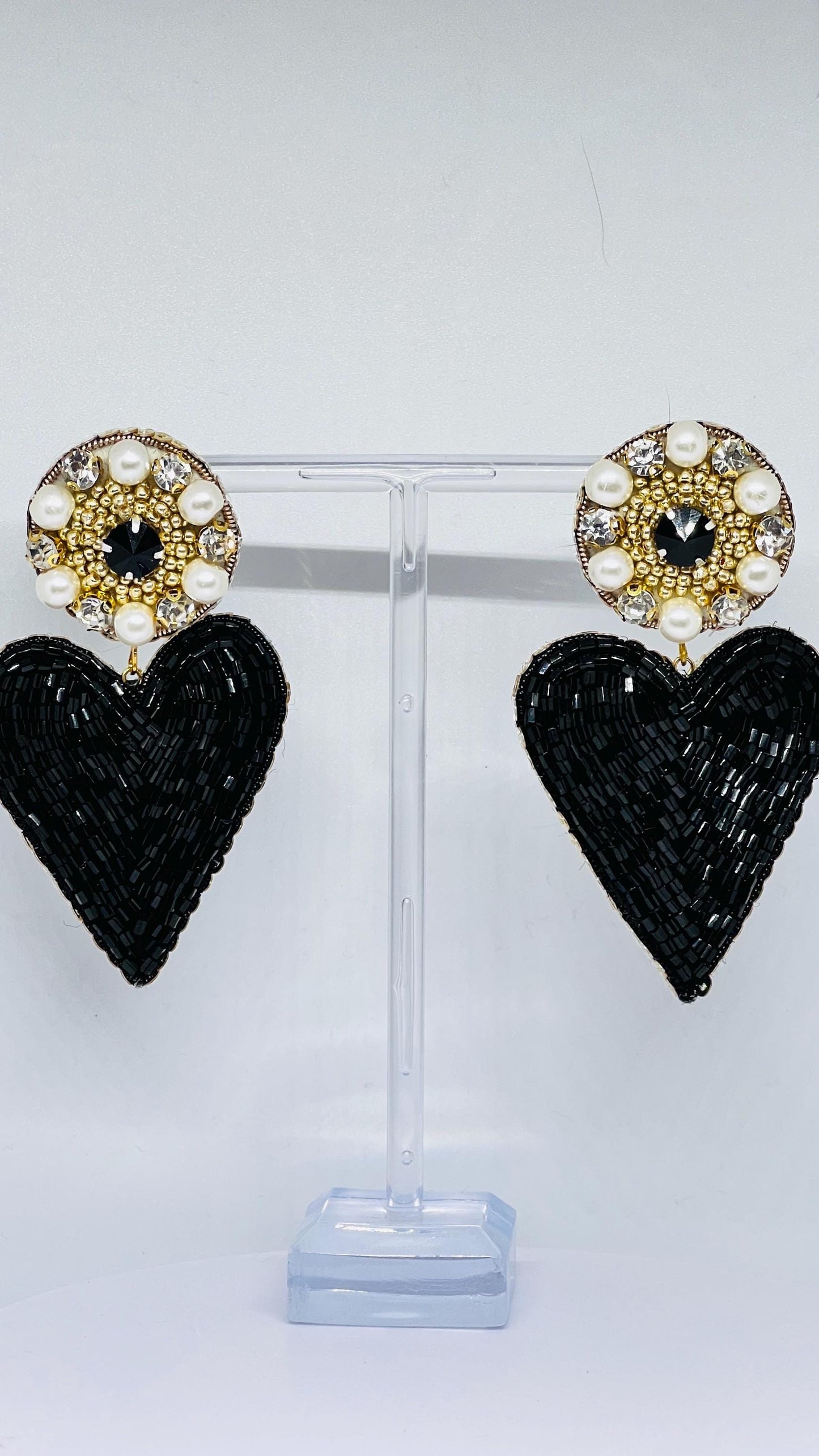 Black Heart Beaded Earrings: Handmade Pearl Crystal Statement Jewelry